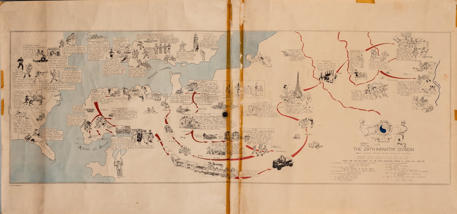 WWII 29TH INFANTRY DIVISION ILLUSTRATED MAP: Map from the 29th Infantry Division, illustrated with the events of WWII, left half is 20 x 21.75 inches and right half is 20 x 22.25 inches. Left half of poster has old tape on obverse, right half ha
