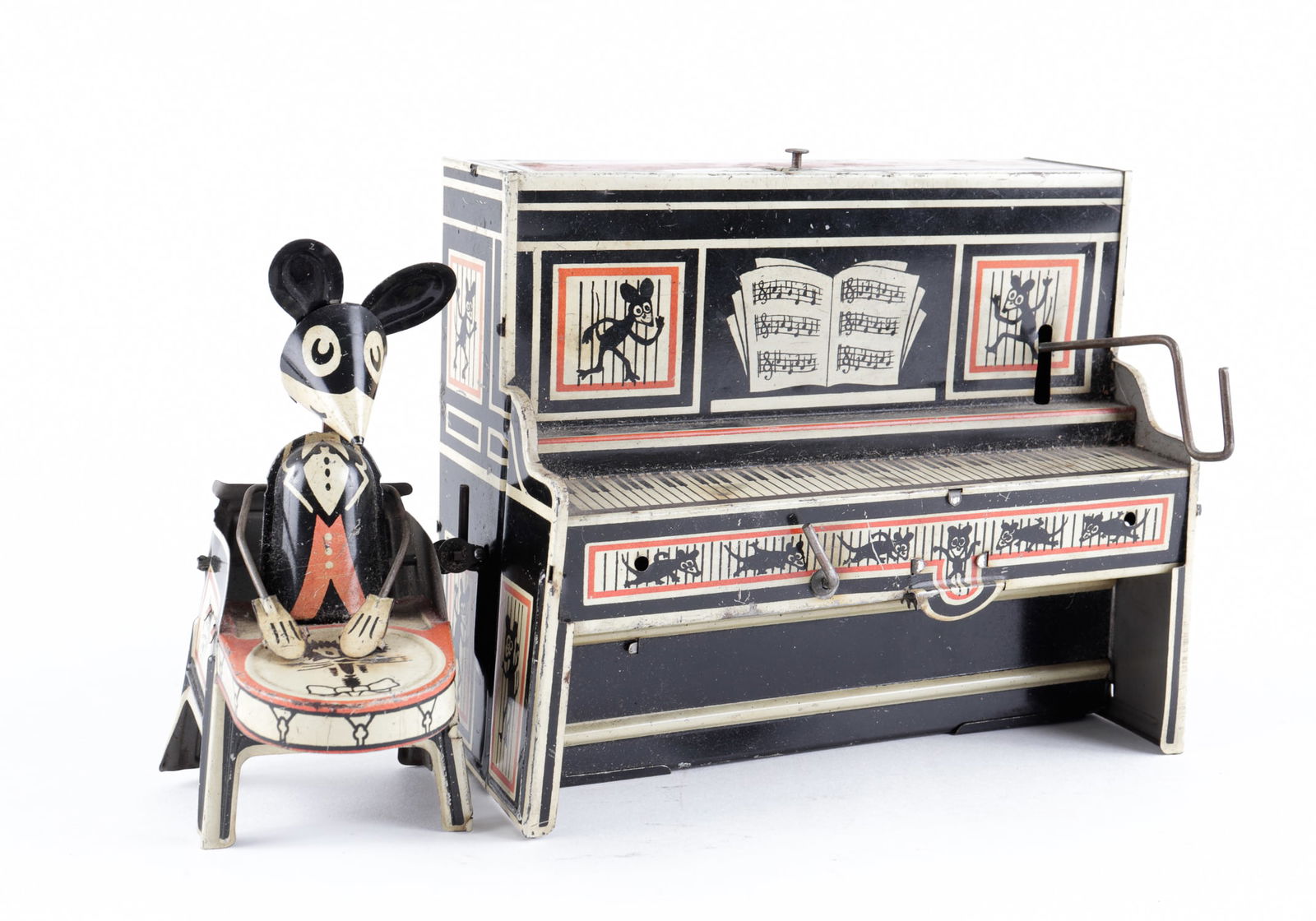 MARX MERRY MAKERS MOUSE BAND PIANO & DRUMMER: Lithographed tin upright piano and seated drummer from the Marx Merry Makers Mouse Band. Windup works and moves drummer.
