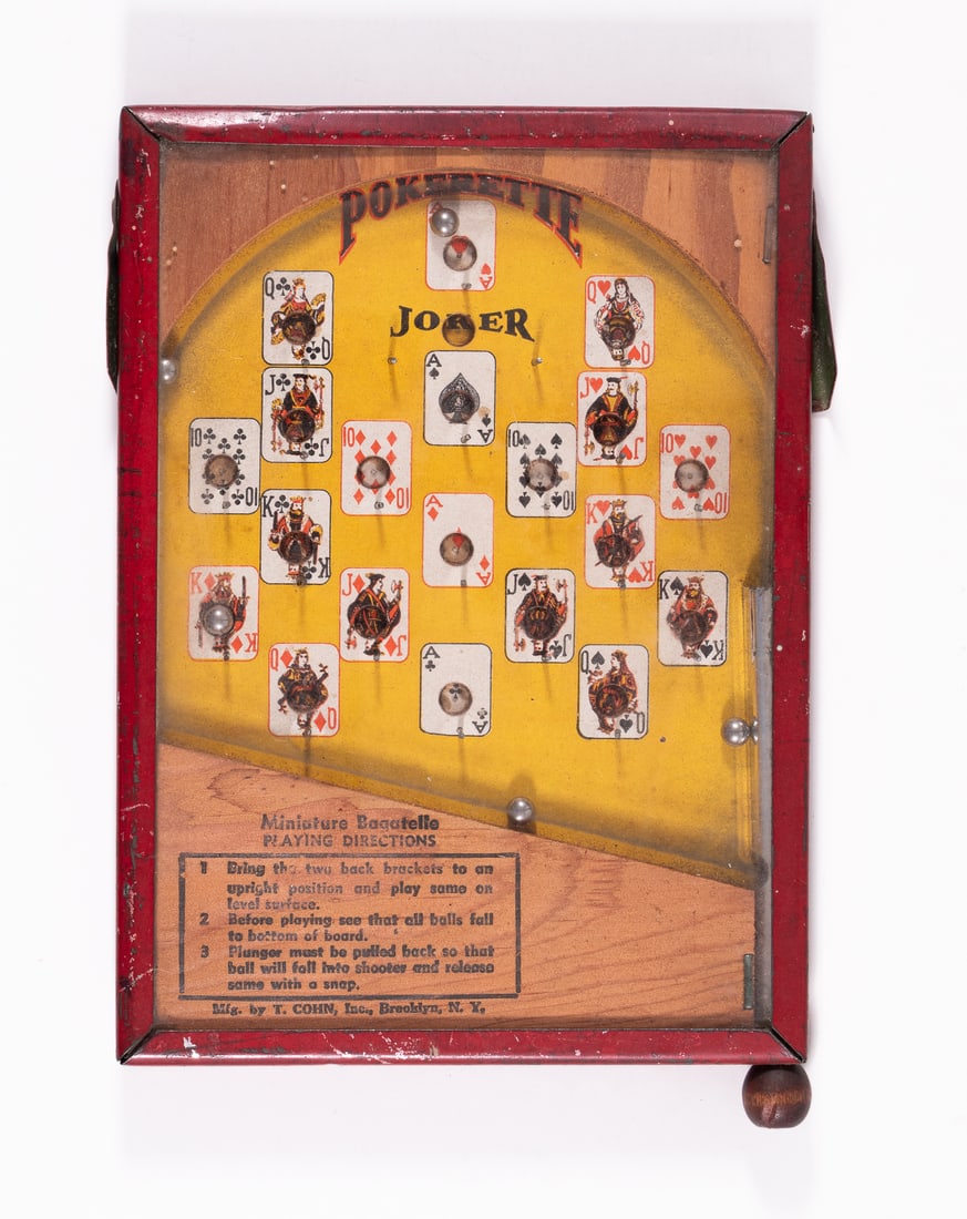 1930's POKERETTE MINI BAGATELLE: 1930's Pokerette Miniature Bagatelle manufactured by T. Cohn Ink, Brooklyn, New York. No cracks on the piece, still in playable action, 7 x 5 in.