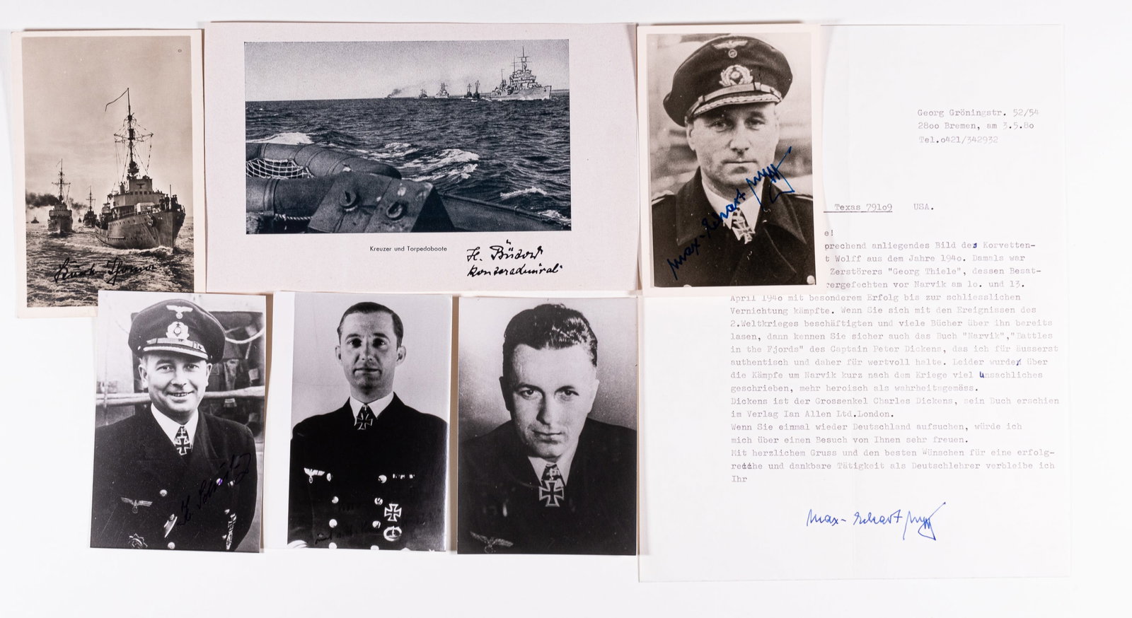 6 KRIEGSMARINE KNIGHTS CROSS RECIPIENTS: Lot of six Kriegsmarine Knight's Cross recipients: HANS BUETOW, s.p. of cruisers, 5.25 x 8.5 in., WALDEMAR MEHL, s.p. on verso, 3.5 x 5 in., KARL-HEINZ MOEHLE, s.p. on verso, 3.5 x 5 in.; KARL SCHULZ,