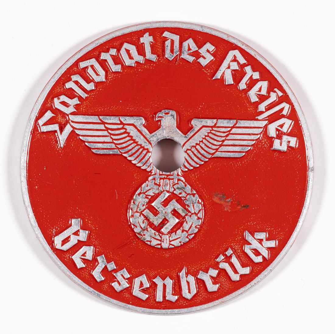 NAZI GERMAN TAX LICENSE TAG BERSENBRUCK: Nazi German bicycle tax tag, affixed to civilian vehicles and used as a way for the Nazi government to collect money from its citizens. Reads 'Landrat Des Kreises' [District Administrator] and the loc