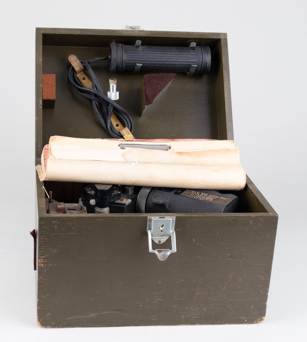 AMERICAN WWII A-8A AIRCRAFT SEXTANT: An American World War II airceaft sextant model A-8A manufactured by Bausch and Lomb Optical Co. Rochester, N.Y. Included is the sextant, its battery case, manufactures instruction manual, replacement