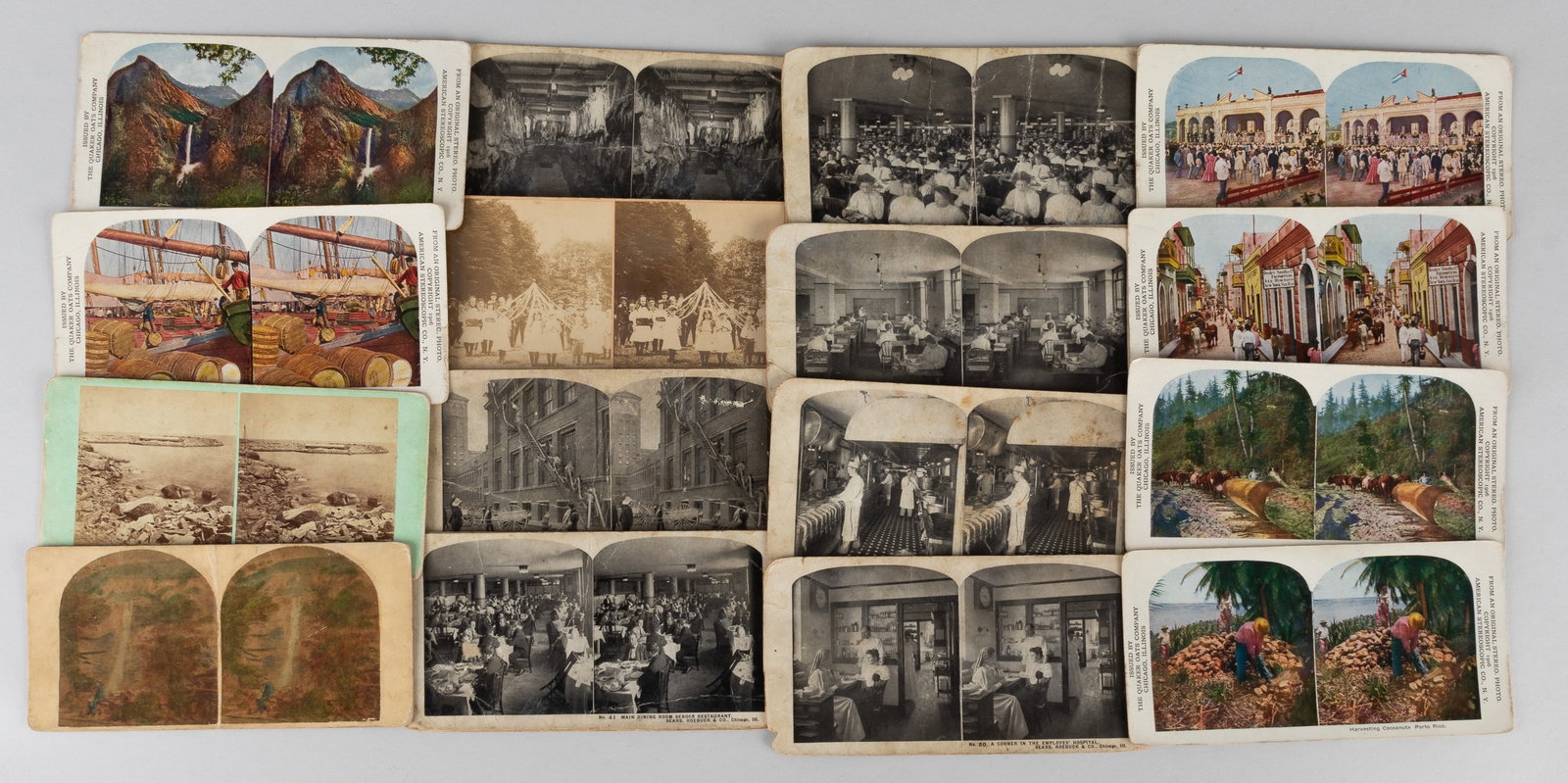 22 STEREOCARDS: Twenty-two stereocards showing images of Chicago firemen, Cuba, Puerto Rico, logging in Washington state, Yosemite, Palestine, and 20th century life. Published by Sears, Roebuck, &Co., B.W. Kilburn, T