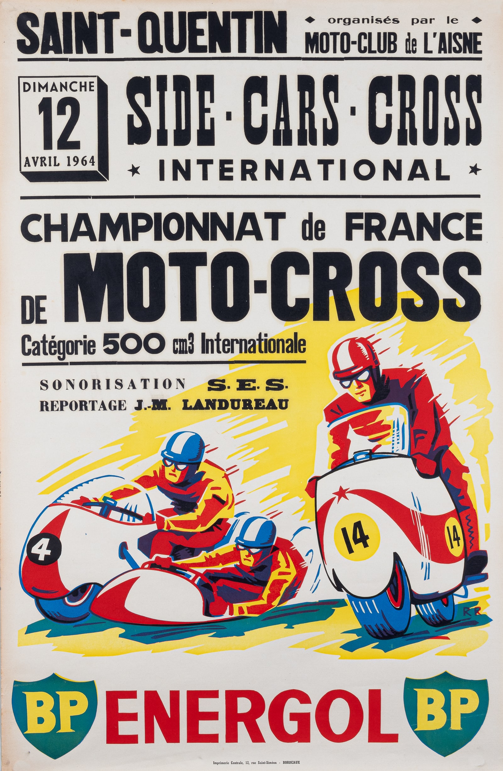 1964 FRENCH MOTOCROSS RACING POSTER: Original 1964 posters advertising the French Moto Cross racing championship, sponsored by BP Oil. Imp. Centrale, Bordeaux. 39.25 x 25.5 inches.