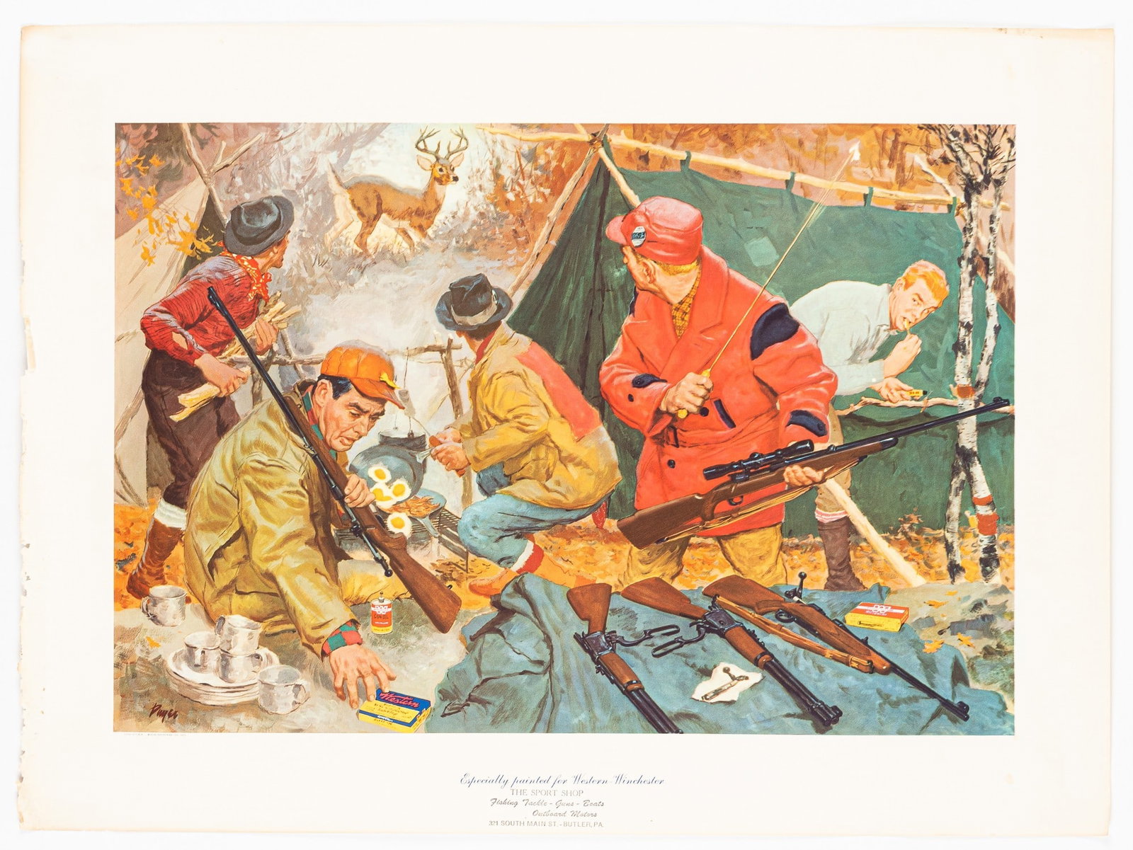 WESTERN WINCHESTER DEER HUNT POSTER: 1954 Western Winchester poster of deer hunters at a campsite after a painting by James Dwyer. Printed by Olin Industries, 1954. Very light sunning at margins with loss along left edge. With a rubber s