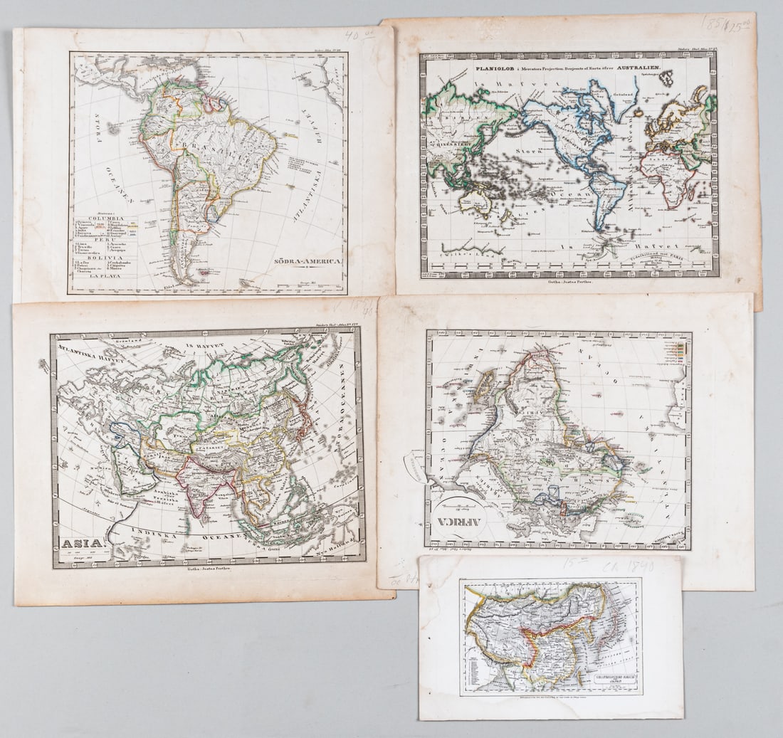 5 EARLY 19TH CENTURY MAPS AROUND THE WORLD: Seven early to mid 19th century maps from around the world, featuring colorization to the different controlled territories. All maps with minor foxing. 11.5 x 9.25 inches or 7.5 x 4.75 inches each map