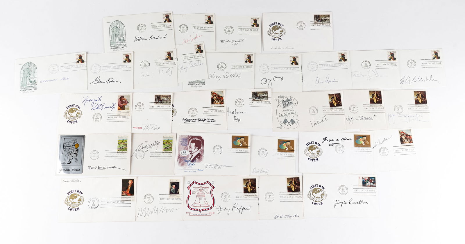 31 FIRST-DAY COVERS SIGNED BY ARTISTS: Thirty-one first-day covers signed by artists. Artists include Gene Davis, Jacob Lawrence, and Fritz Scholder. 3.5 x 6.5 inches.
