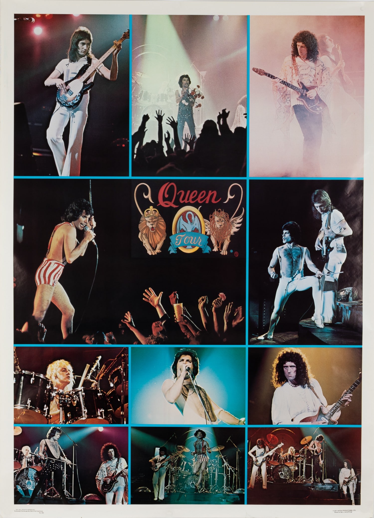 1977 ORIGINAL QUEEN CONCERT POSTER: 1977 Queen tour concert poster. Features Freddie Mercury and the band. 1977 One Stop Poster. No. 402, 42 x 58 inches, chipping upper left margin. Light crease bottom edge.