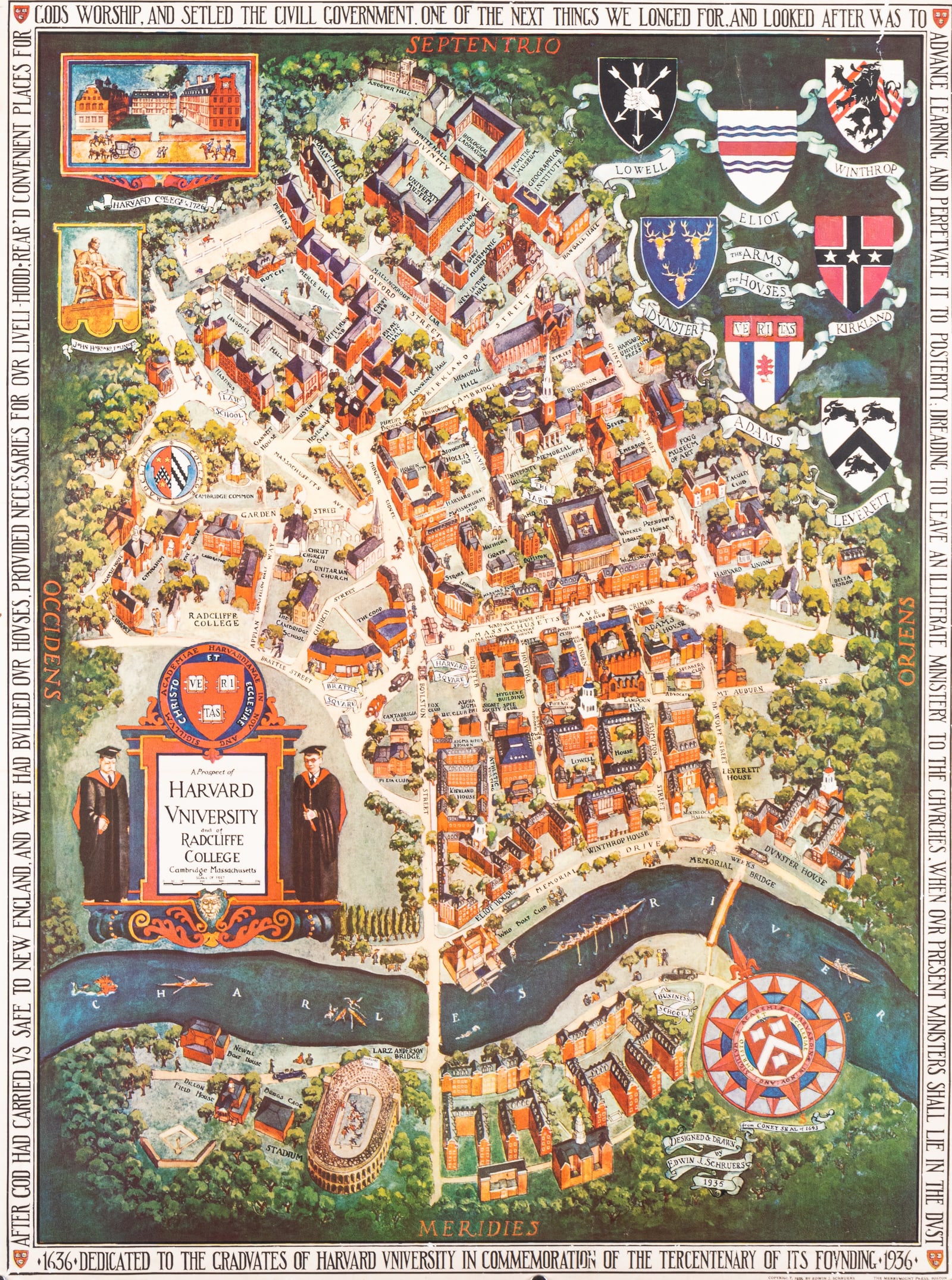 HARVARD & RADCLIFFE PICTORIAL MAP 1935 SCHRUERS: Original pictorial map 'A Prospect of Harvard University and Radcliffe College Cambridge Massachusetts.' 1935 by Edwin Schruers (1903-1994), Merrymount Press, Boston. 33.25 x 25 inches. Affixed to car
