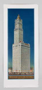 WOOLWORTH BUILDING NEW YORK POSTER: Scarce poster most likely printed as a souvenir for the 1913 opening of architect Cass Gilbert's skyscraper, the Woolworth Building located at 233 Broadway in lower Manhattan. 15 x 35.5 inches. Minor