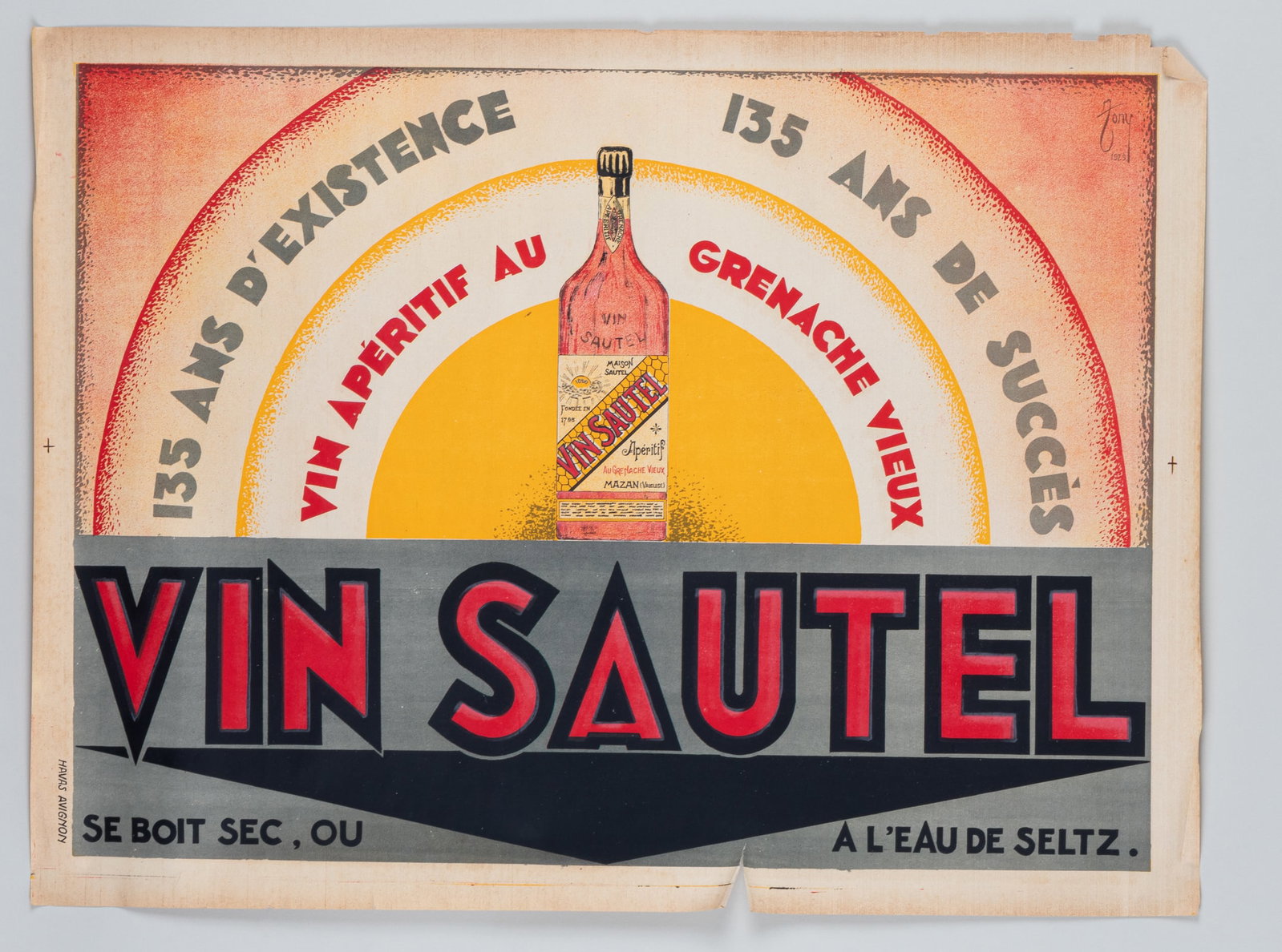 VIN SAUTEL FRENCH WINE APERITIF AD POSTER: 'Vin Sautel - 135 Ans D'existence - Vin Aperitif Au Grenache Vieux' [135 Years of success - Aperitif Wine With Old Grenache] Vin Sautel French wine aperitif advertisement. Artwork by Zony, 1929. Print