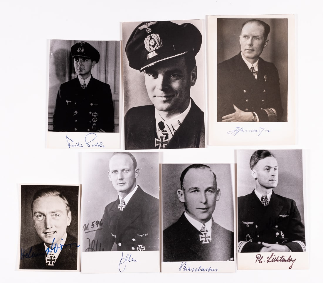 7 WWII KRIEGSMARINE KNIGHTS CROSS RECIPIENTS: Lot of seven Kriegsmarine Knights Cross recipients' photos. Including signatures from Rolf Johannesson Commander of Destroyer Hermes; Helmut Witte, Commander of U-Boat U-159; Philipp Lichtenberg, Chie