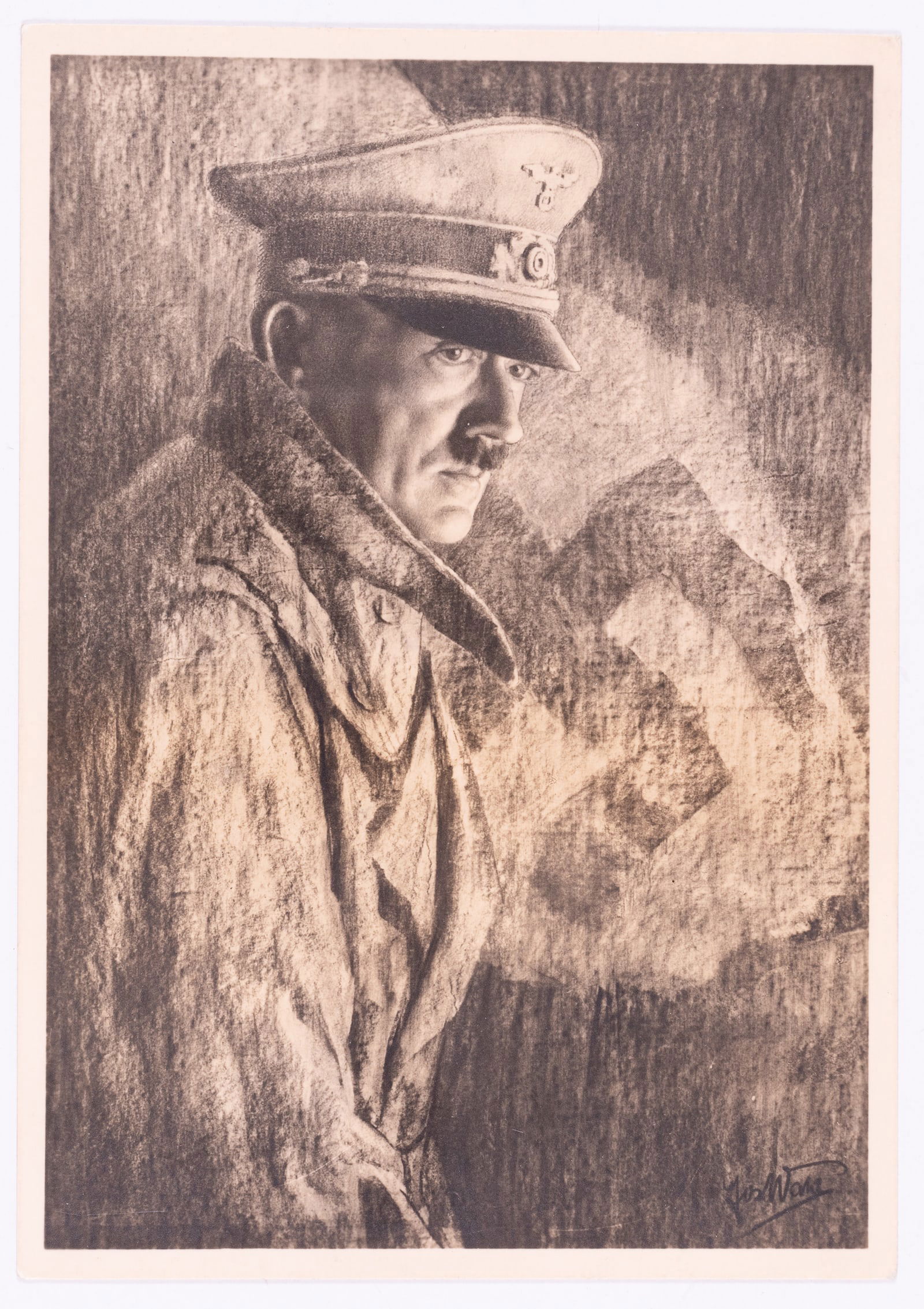 WWII HITLER POSTCARD BY HOFFMAN: WWII German Adolf Hitler postcard, photographed by Heinrich Hoffmann. The front of the postcard is a picture of Adolf Hitler in front of an NSDAP flag. The reverse reads 'Munchen. Haus der Deutschen K