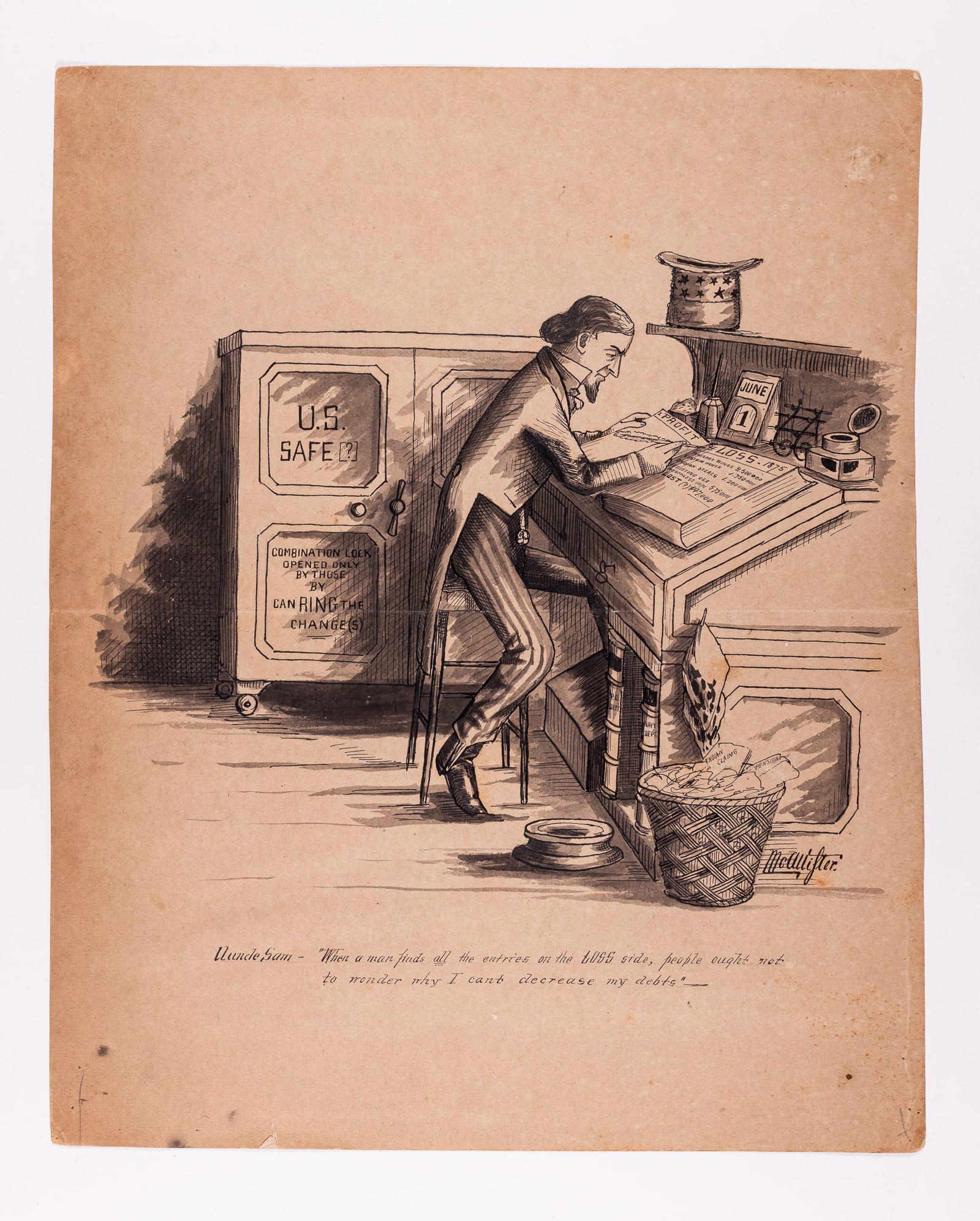UNCLE SAM ORIGINAL CARTOON ART: Hand-drawn cartoon in ink of Uncle Sam by Mcallister, dated on the ledger book Uncle Sam is reading as 1875. 15.5 x 12.25 inches. Pinholes in the bottom margins, one small hole in the image area, and