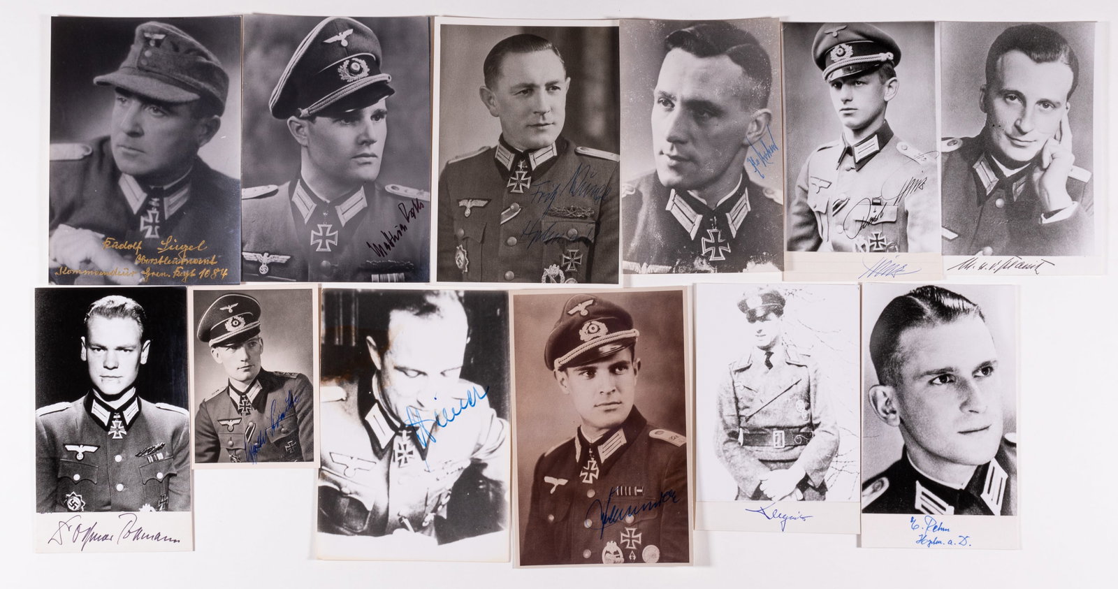 12 WWII GERMAN HEER KNIGHTS CROSS RECIPIENTS: Lot of twelve autographed Heer Knight's Cross recipient photographs. Aloys Mocken, Kurt Prinz, Max Edler von der Planitz, Dr. Othmar Pollmann, Fritz Michel, Werner Beschnidt, Alfred Regeniter, Erich R