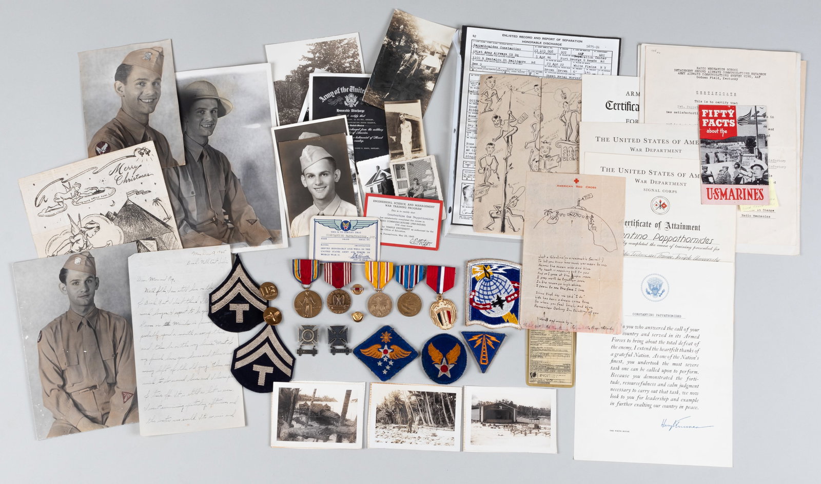 WWII RADIO OPERATOR PERSONAL COLLECTION: Grouping of personal official records, medals, and patches from a WWII USAAF radio technician, Constantino Pappathomides. Included are official enlistment awards sheets, honorable discharge papers, pe