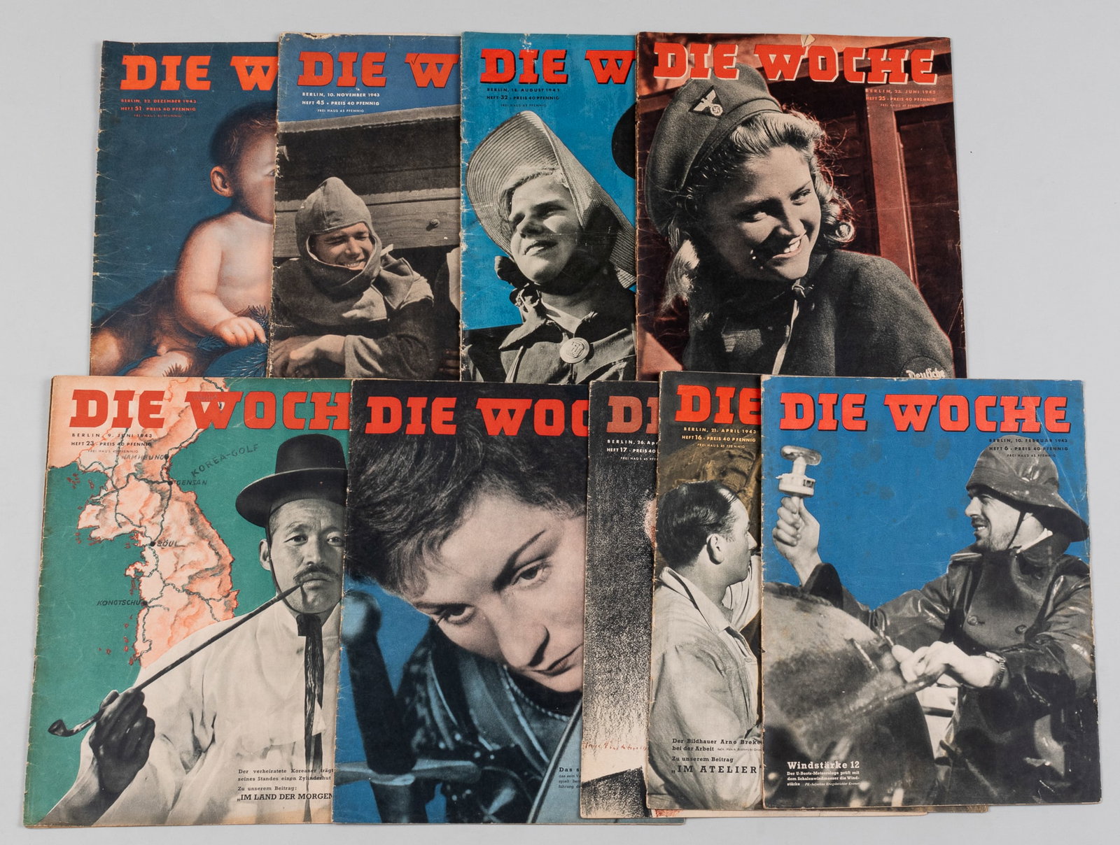 10 DIE WOCHE WWII GERMAN MAGAZINES: Lot of ten Die Woche WWII German magazines with vibrant and colorful covers, all included issues from 1943, some covers with illustrations and others with edited photos, approx. 20 pages each, 12.75 x