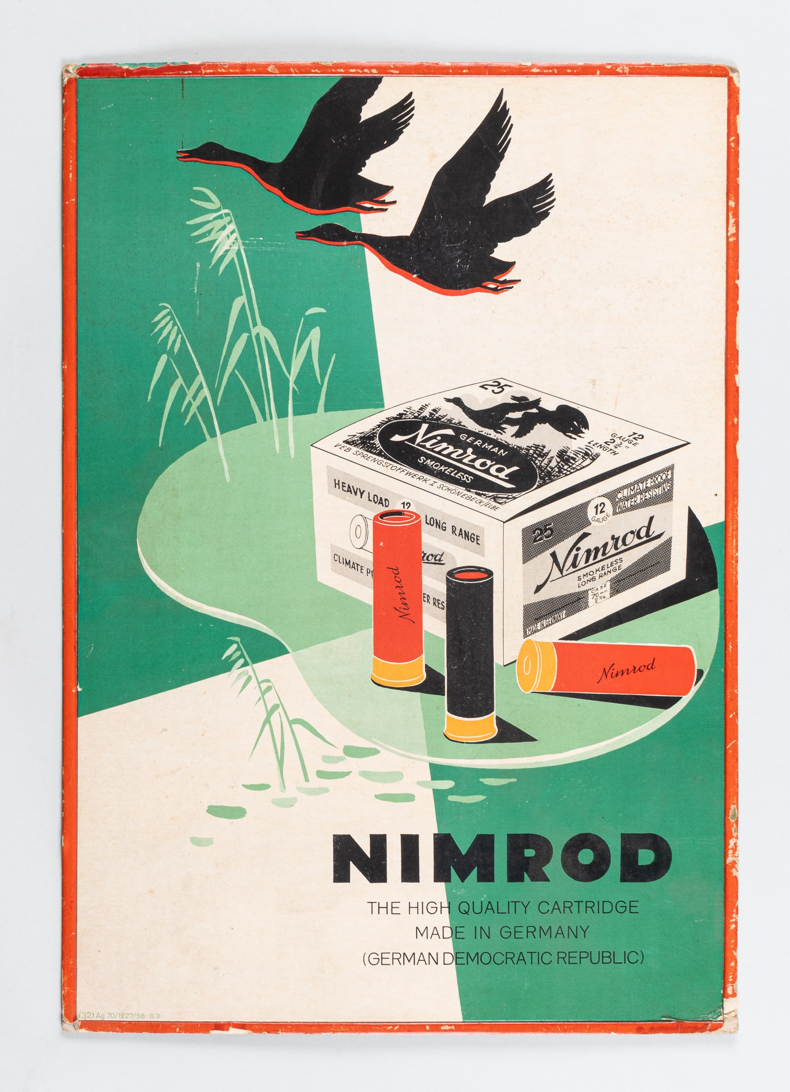 NIMROD SHOTGUN SHELL ADVERTISEMENT: Original Nimrod shotgun shells cardboard advertisement stand, reads 'NIMROD THE HIGH QUALITY CARTRIDGE MADE IN GERMANY (GERMAN DEMOCRATIC REPUBLIC).' 22.75 x 16 inches, minor foxing, some wear to the 