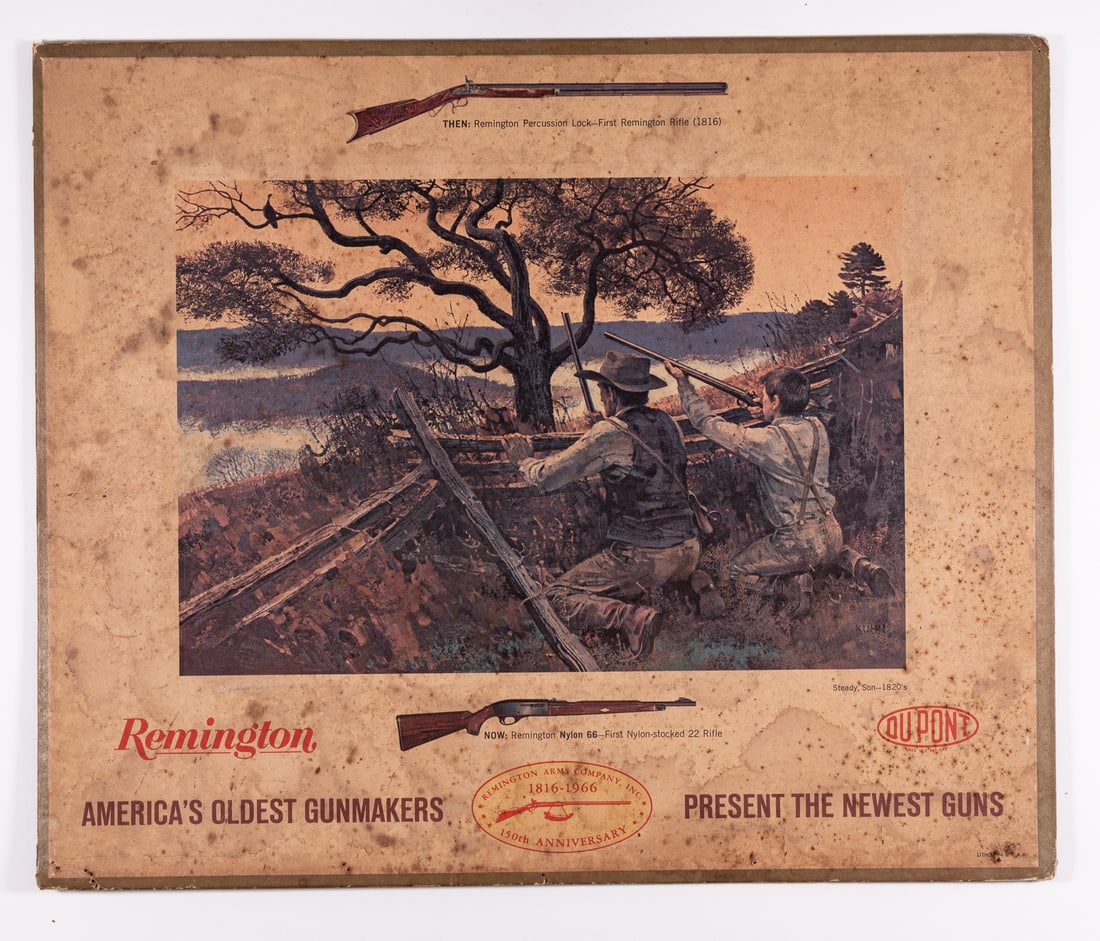 REMINGTON ARMS COMPANY ADVERTISING BOARD: Remington Arms Company advertising board showcasing their Nylon stock for their 150th anniversary of the company. 'Remington - AMERICA'S OLDEST GUNMAKERS - PRESENT THE NEWEST GUNS.' Litho in USA, 17.7
