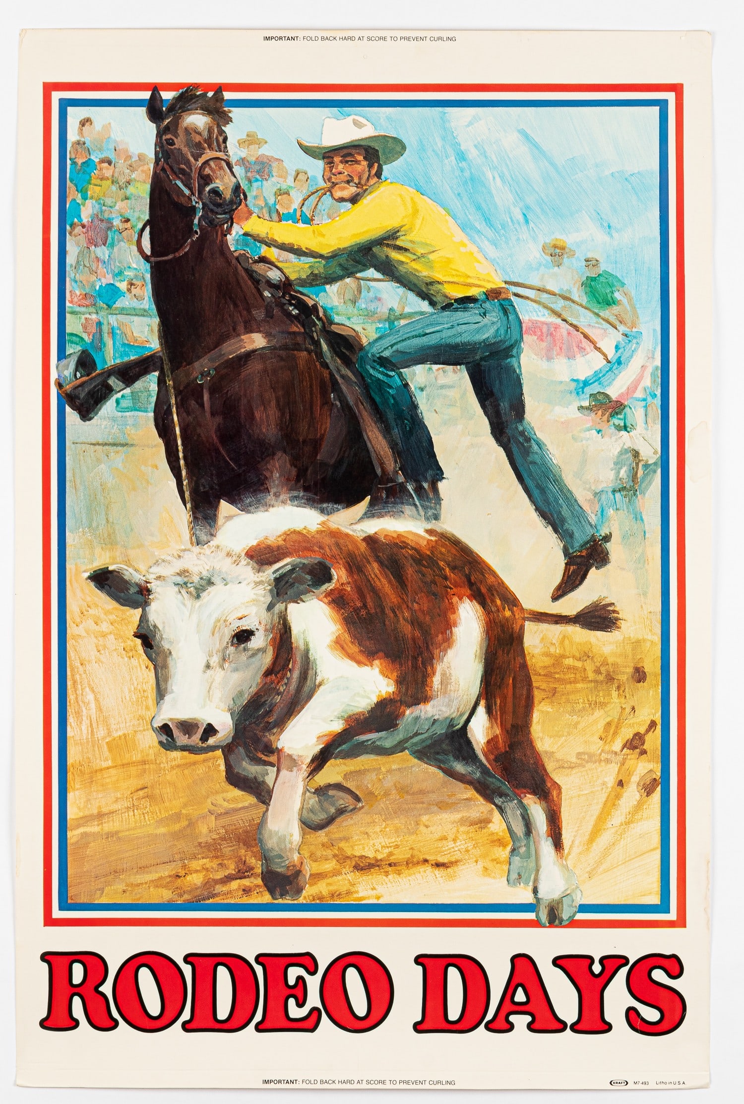 RODEO DAYS POSTER: 1970s Rodeo Days double-sided poster. Advertising a rodeo on one side and food on the verso. Light dampness mark on right margin. 25 x 38 inches.