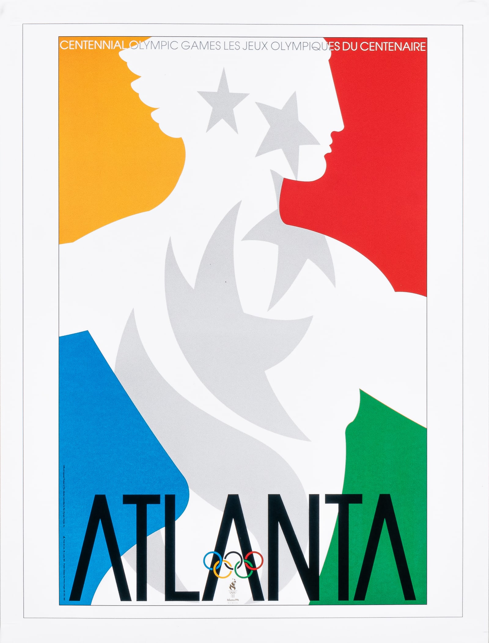 CENTENNIAL OLYMPIC GAMES POSTER: Olympics poster advertising the Atlanta Centennial Olympic games. Artwork by Primo Angeli, 1996, Fine Art LTD. Features the Olympic logo. Approximately 16 x 12 inches.