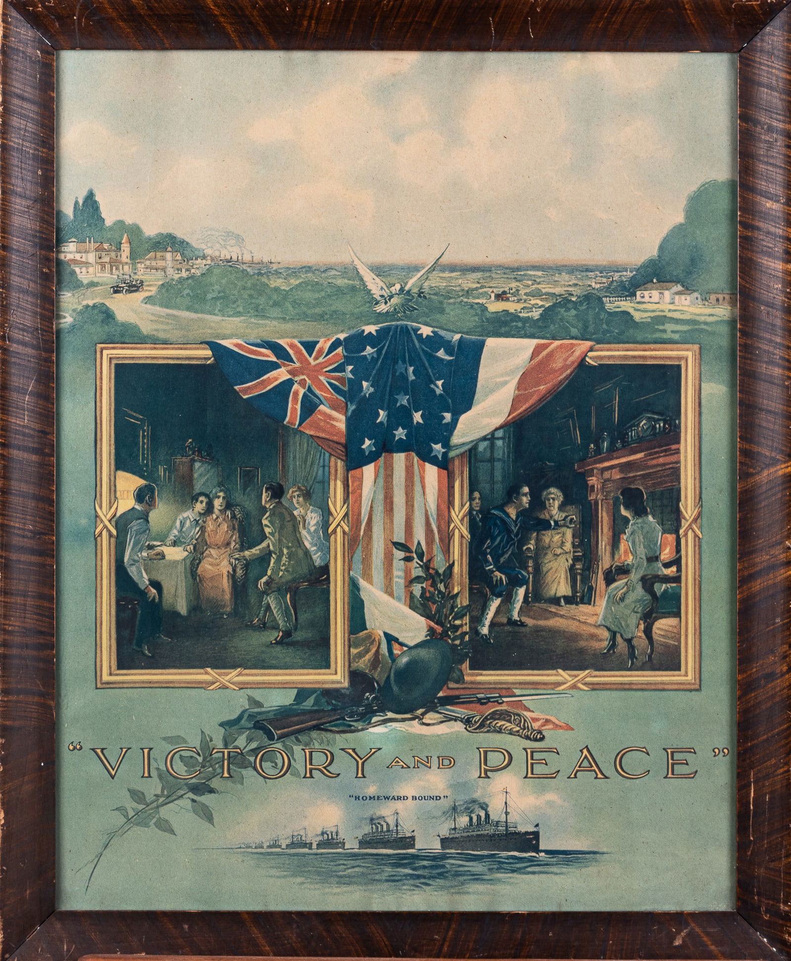 VICTORY AND PEACE WWI POSTER: 'Victory and Peace - Homeward Bound' artwork by James Lee, 1918. Framed WWI propaganda poster, 15.5 x 19.75 image area, 18.5 x 22.75 inches framed. Brown wooden frame, wear around frame, minor creasin