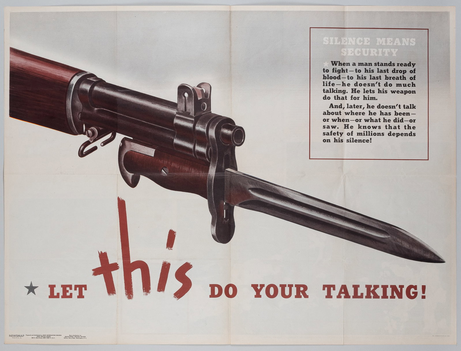 LET THIS DO YOUR TALKING WWII PROPAGANDA POSTER: Two WWII US propaganda posters: 'Let This Do Your Talking!' and 'For Yanks Dreaming of a White Christmas,' from the Army Orientation Force, printed by the US Government Printing Office, 1942, 35 x 47 