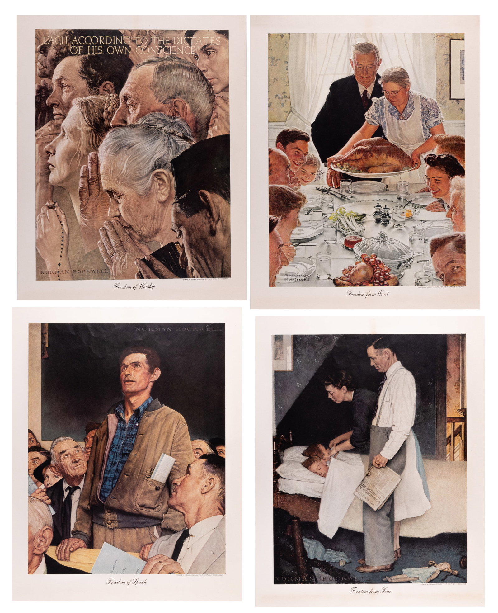 NORMAN ROCKWELL FOUR FREEDOMS FULL SET: Norman Rockwell (1894-1978) Complete set of four posters of The Four Freedoms series from the US Treasury Department and Saturday Evening Post War Bond Show, titled Freedom of Speech, Freedom of Worsh