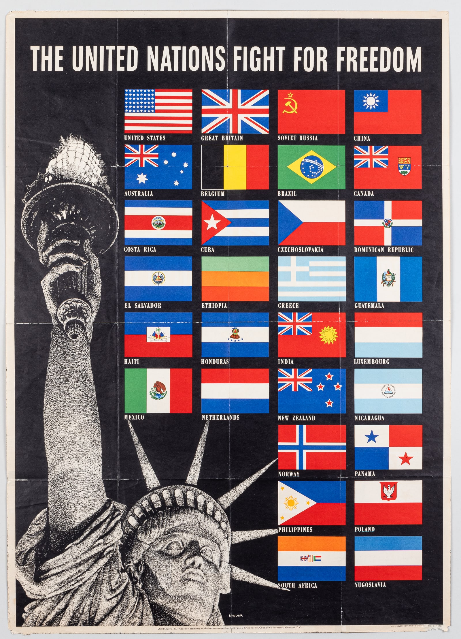 WWII UNITED NATIONS FIGHT FOR FREEDOM POSTER BY S. BRODER: Original WWII American poster from 1942 'United Nations Fight for Freedom', artwork by Steve Broder (1906-1992), OWI Poster No. 19, U.S. Government Printing Office 1942-O-498304. Mailing folds, small 