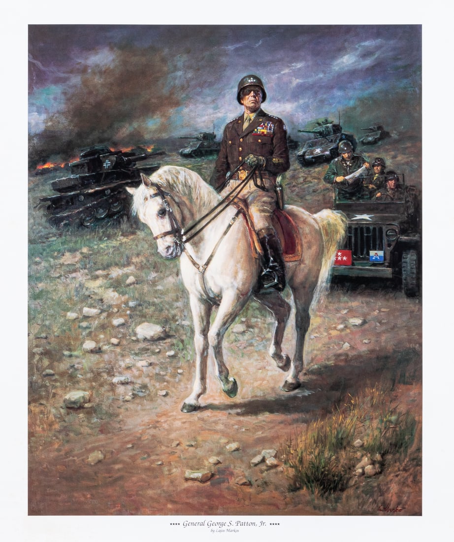 GENERAL PATTON POSTER: General George S. Patton Jr. poster, original artwork by Lajos Markos and printed by Heritage West Litho. 24 x 20 inches, light foxing throughout. Patton was an accomplished equestrian and was photogr
