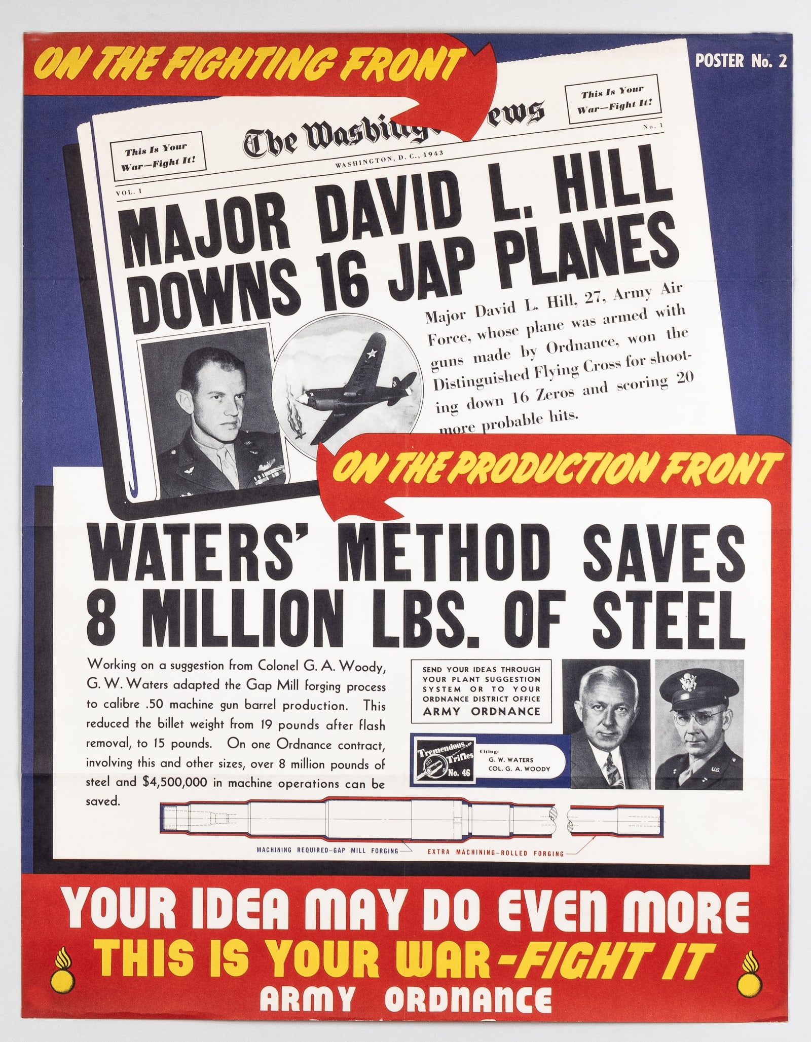 WWII THIS IS YOUR WAR-FIGHT-IT POSTER: 'ON THE FIGHTING FRONT - MAJOR DAVID L. HILL DOWNS 16 JAP PLANES...' Original WWII poster. 27.5 x 21.25 inches. Folds along with some minor chipping along the margins.