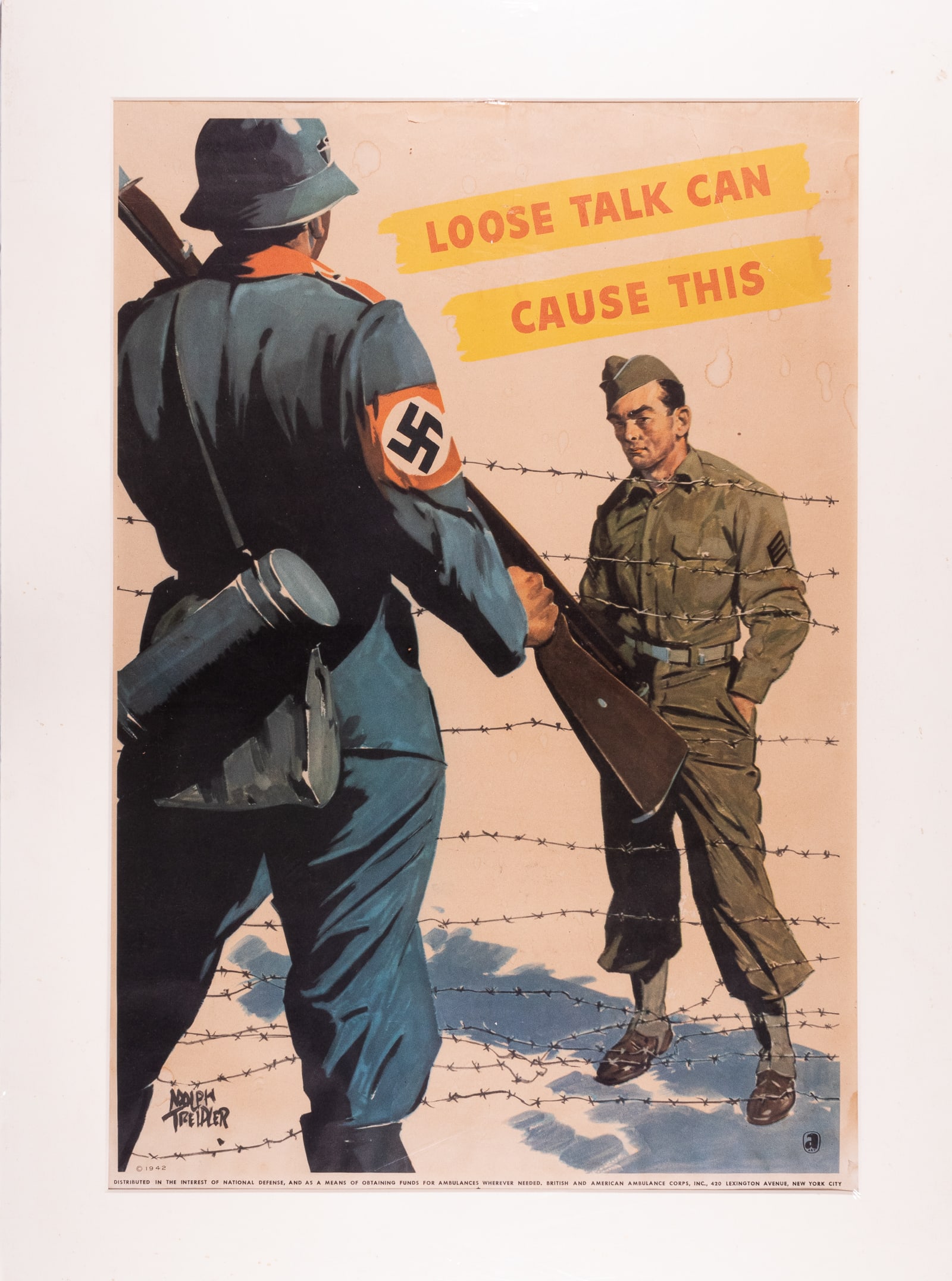 LOOSE TALK - CAN CAUSE THIS WWII POSTER: Original WWII American poster 'LOOSE TALK CAN - CAUSE THIS' artwork by Adolf Treidler (1886?1981), 1942. 'Distributed in the interest of National Defense, and as a means of obtaining funds for ambulan