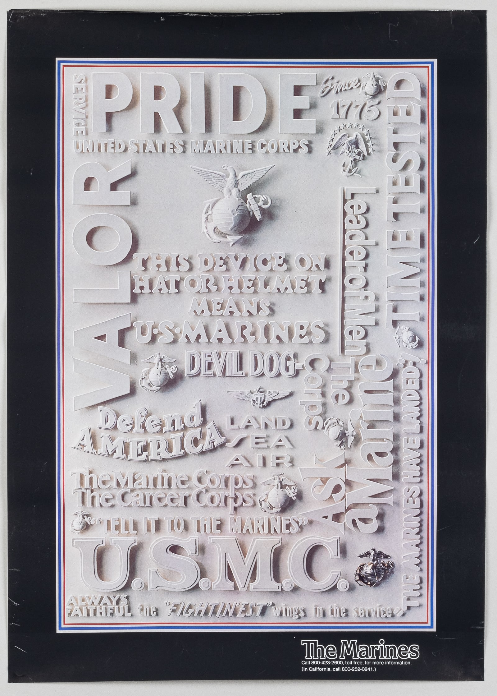 3 NAVY OR MARINE CORPS POSTERS: 1. '200 Years Proud' Marine poster handed out to people interested by career planners, the back of the poster explains the different illustrations done on the front. Minor tears, ca 1970s, 28 x 22 in.