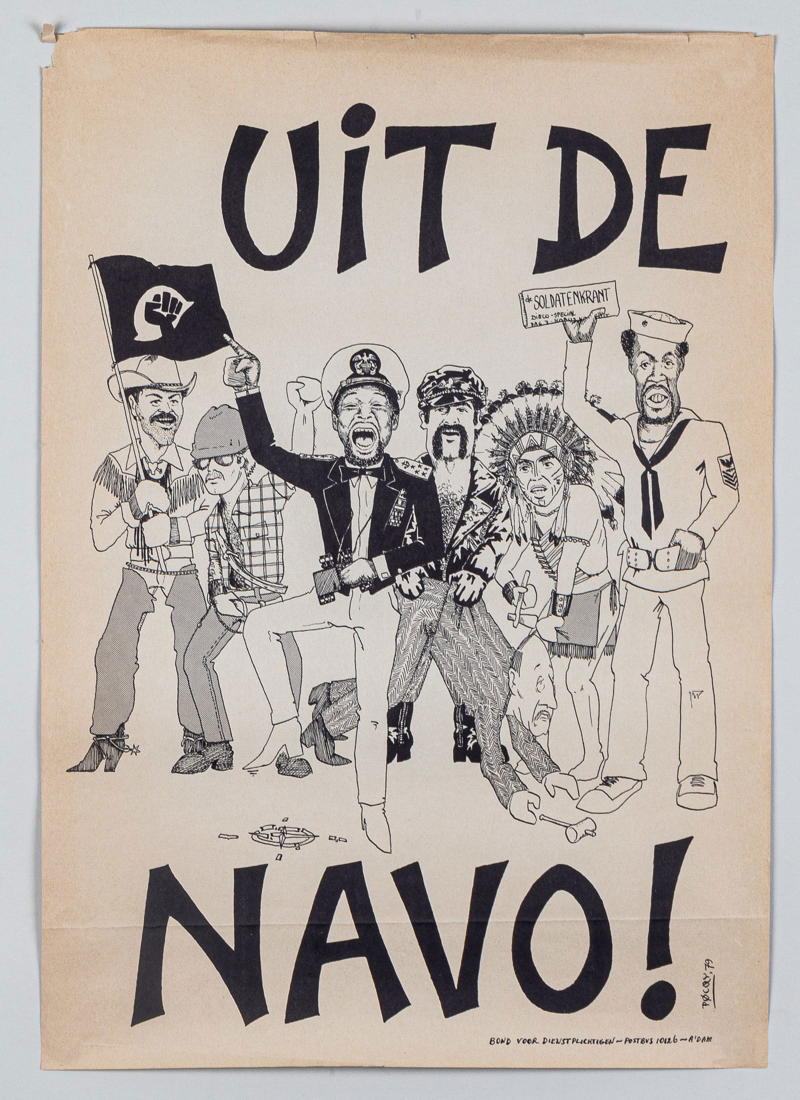 DUTCH ANTI-WAR PROPAGANDA POSTER: Uit De Navo! [From the Nato!] Dated 1979, features the band The Village People holding and pointing to a black flag with a black fist in the center. A minor tear on the left side, creasing on the marg