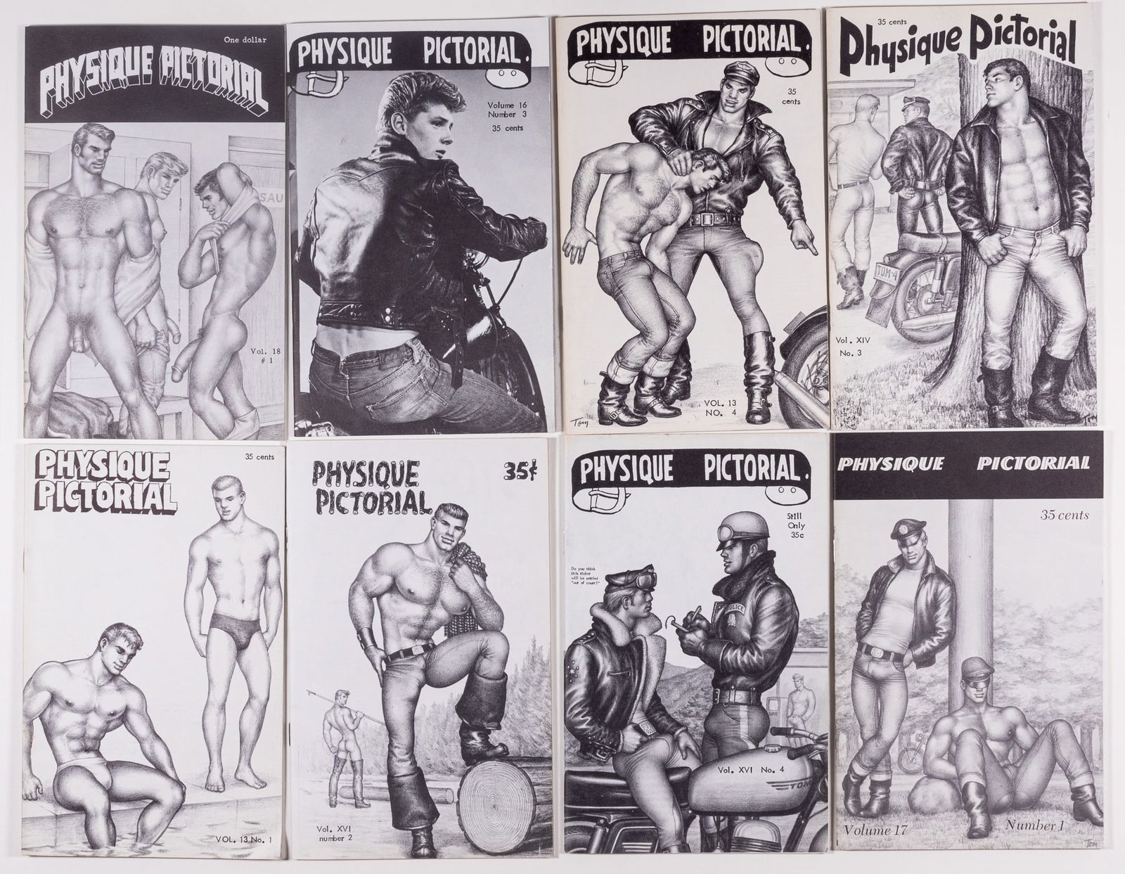 BOB MIZER - PHYSIQUE PICTORIAL - TOM OF FINLAND GAY MAGAZINES: Eight original issues of Bob Mizer's (1922-1992) magazine Physique Pictorial with cover art by Tom of Finland. Includes the following issues: August 1963, May 1964, February 1965, April 1967, Septembe