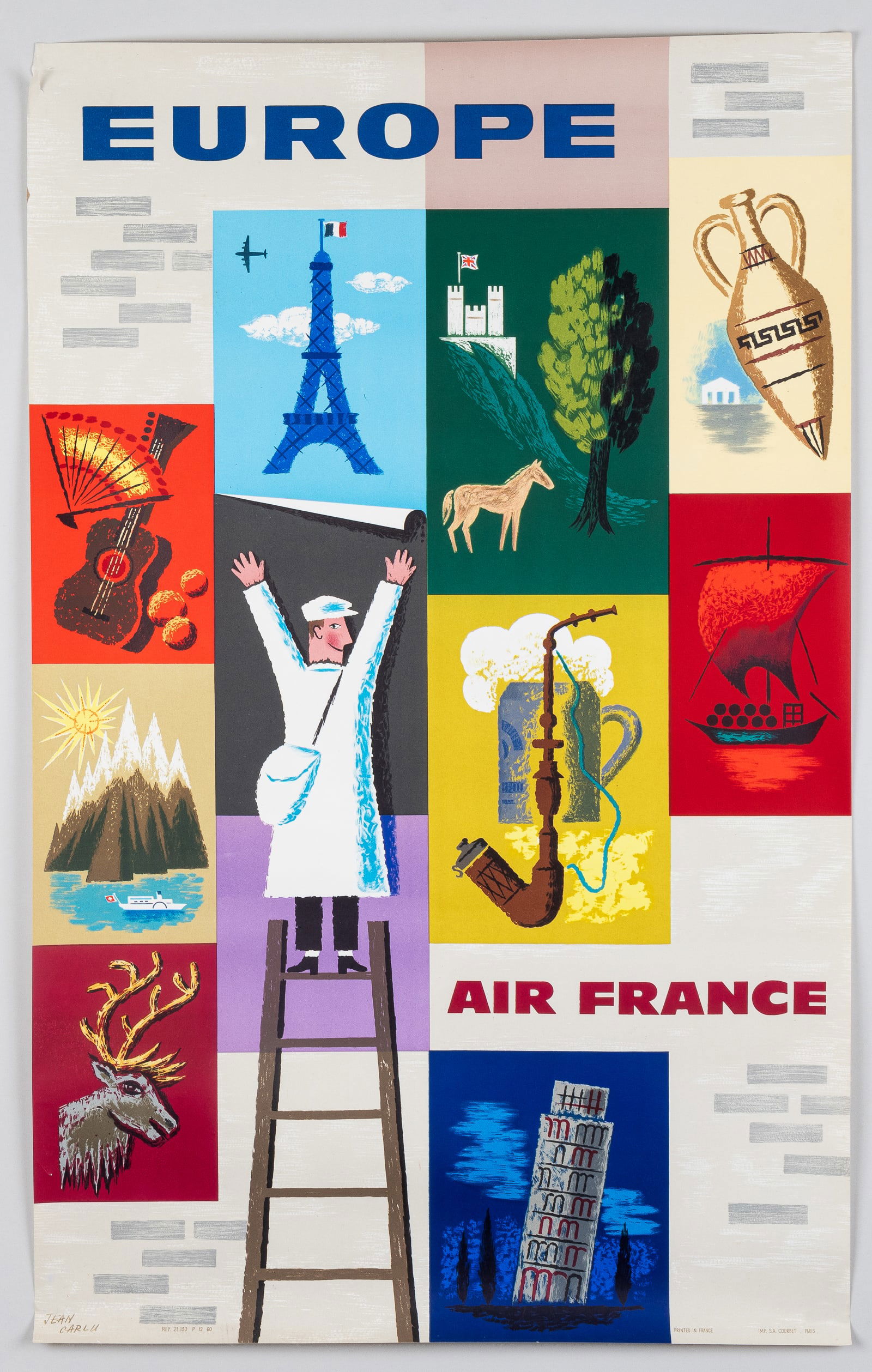 AIR FRANCE EUROPE TRAVEL POSTER JEAN CARLU: Air France travel poster advertising travel to European countries, artwork by Jean Carlu (1900-1997), 1957, printed in France. 24.5 x 39.25 inches, with minor creasing in the margins, and one small te