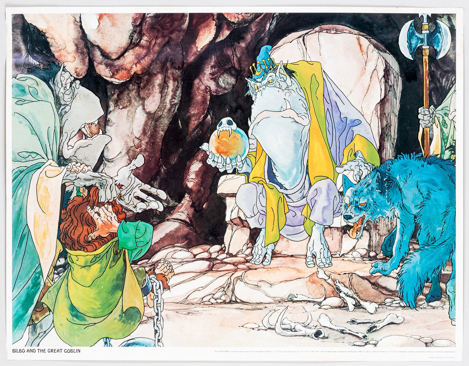BILBO AND THE GREAT GOLBIN POSTER: Poster for the animated Hobbit movie, poster is titled 'Bilbo and the Great Goblin,' Rankin/Bass Productions Inc., 1977. 26 x 20 inches. Light foxing, minor creasing around the margins of the poster.