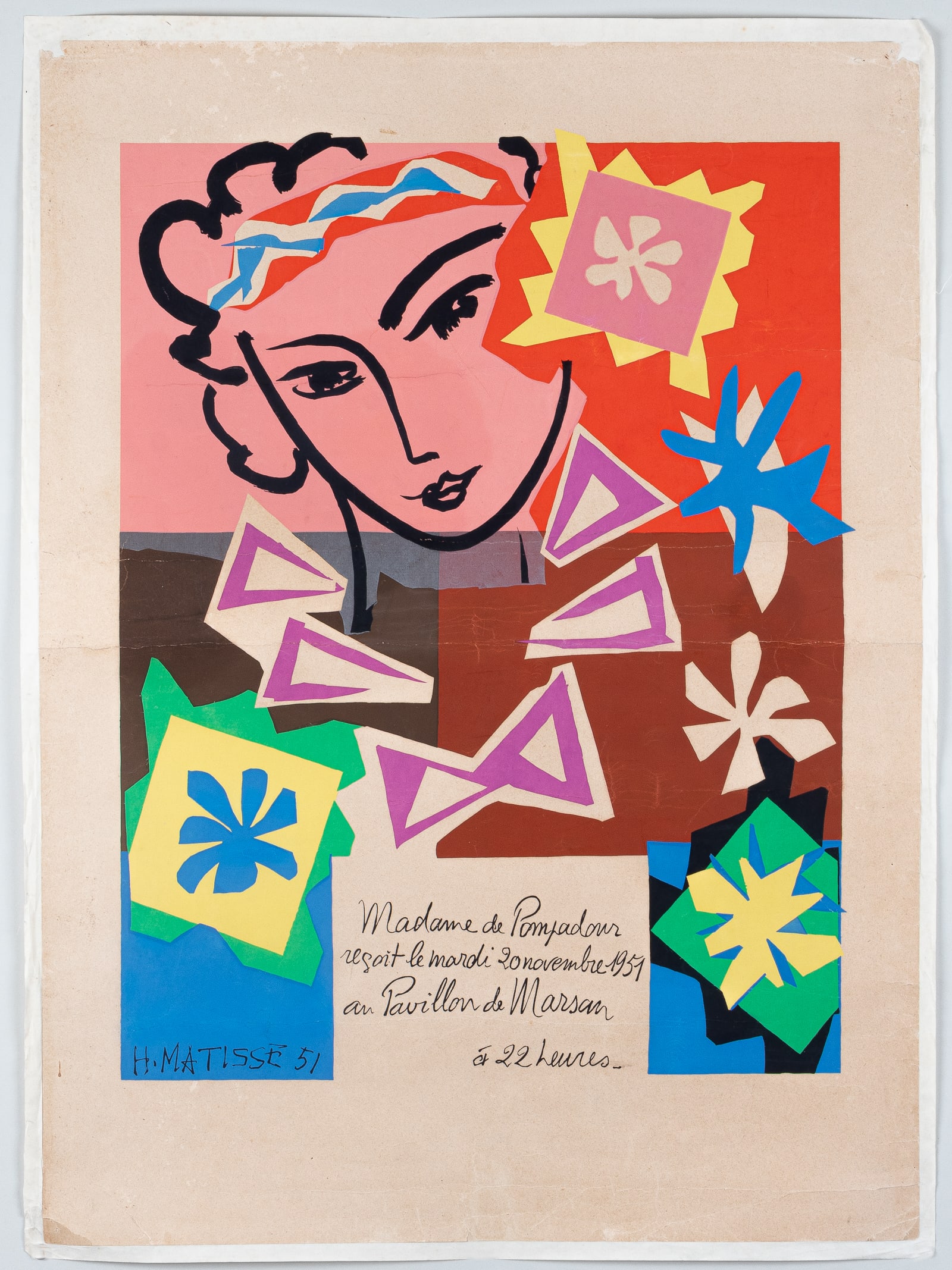 HENRI MATISSE POSTER: Henri Matisse (1869-1954) Lithographed poster 'Madame de Pompadour, Pavillon de Marsan, 1951.' Artwork by Henri Matisse, 1951. Mounted to white paper, small loss at top corners, folds and light crease
