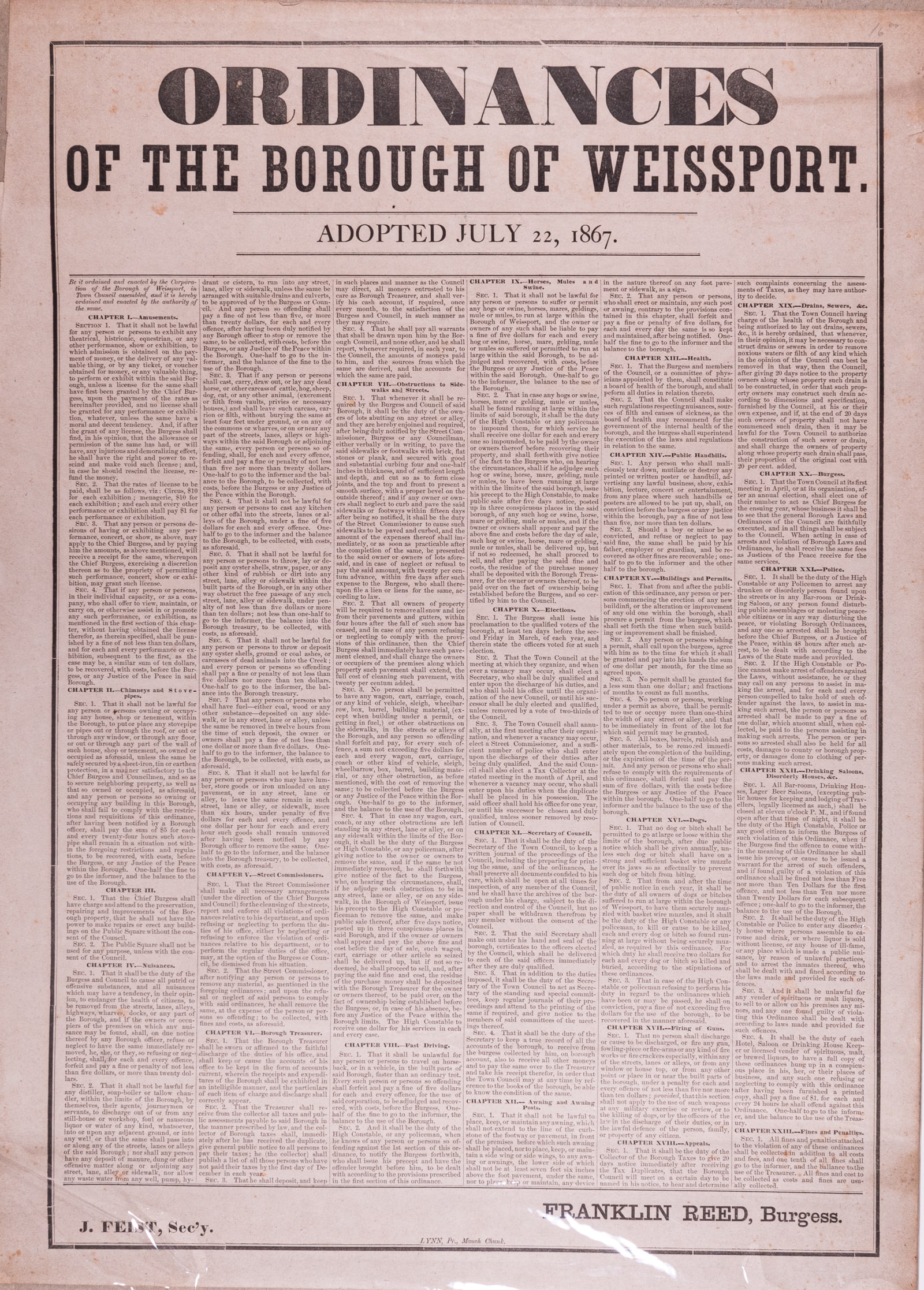 1867 CITY ORDINANCE BROADSIDE: 'ORDINANCES OF THE BOROUGH OF WEISSPORT - ADOPTED JULY 22, 1867 - CHAPTER I.- Amusements. CHAPTER II.- Chimneys and Stove - pipes... CHAPTER XXII. Fines and Penalties,' from Franklin Reed Burgess, 16.