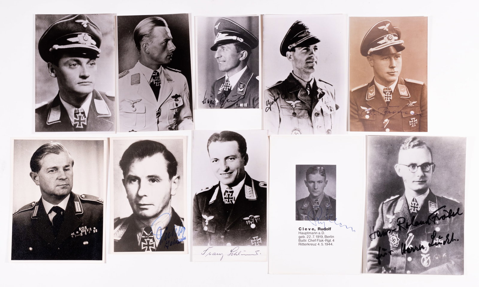 10 WWII LUFTWAFFE KNIGHT CROSS RECIPIENTS: Lot of ten autographs of Luftwaffe Knights Cross recipients. Includes night fighter ace LUDWIG MEISTER (cut signature affixed to the back), Leutnant GERHARD REINECKE signed twice (on the front with a 