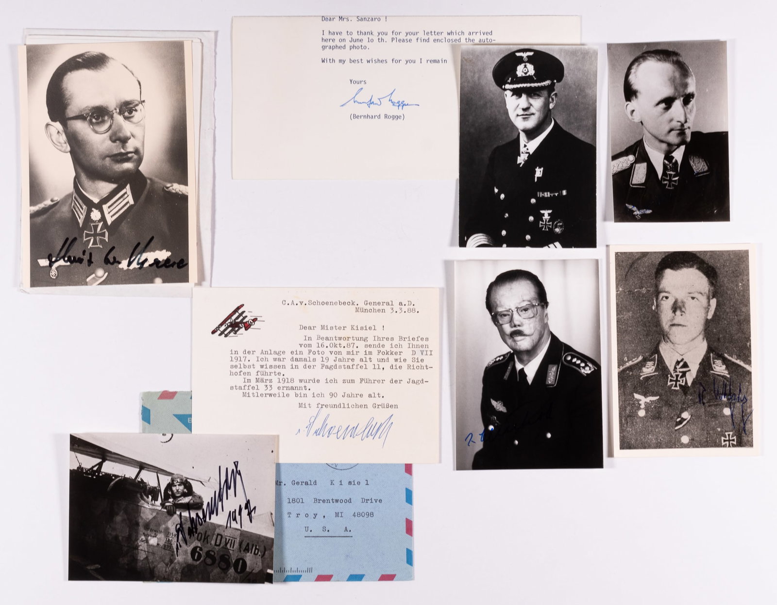 6 KNIGHTS CROSS W/ OAK LEAVES RECIPIENTS: Lot of six autographed photographs, five Knight's Cross with Oak Leaves recipients and one Knight's Cross recipient. Photos and letters include autographs from RUDOLF WITZIG, HANS WITTCHOW VON BRESE (