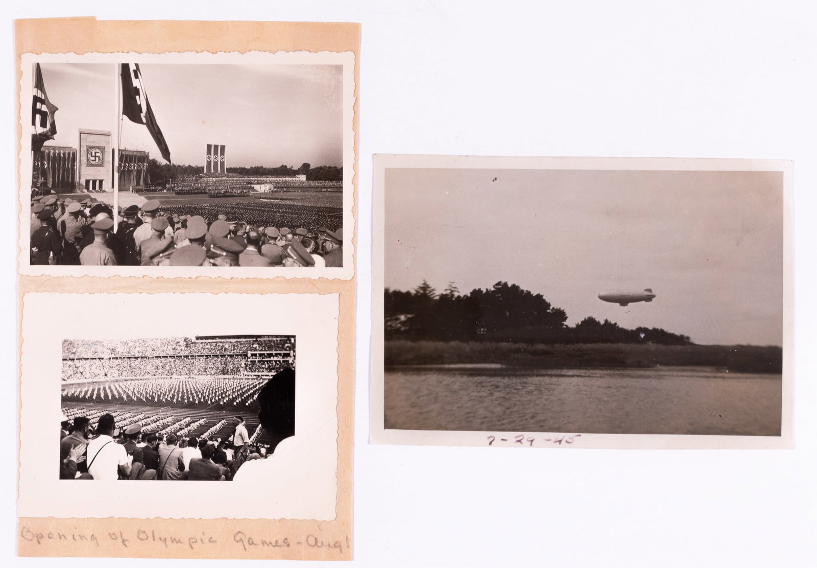 3 WWII GERMAN PHOTOGRAPHS ZEPPELIN: Lot of three WWII German photographs including a picture of a Reichsparteitag in Nuremberg and a picture of the opening of the 1936 Olympic games both affixed to a small sheet. Also included is a phot