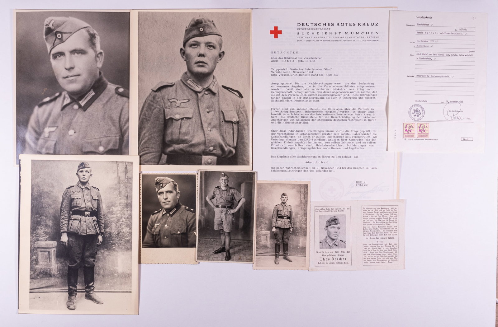WWII KIA GERMAN DEATHCARD AND PHOTOS: WWII German grouping of a young soldier killed by shrapnel to the heart in Juli 1944 at the age of 24 on the battlefield in the east, with his death card and three photographs. Plus three photographs 