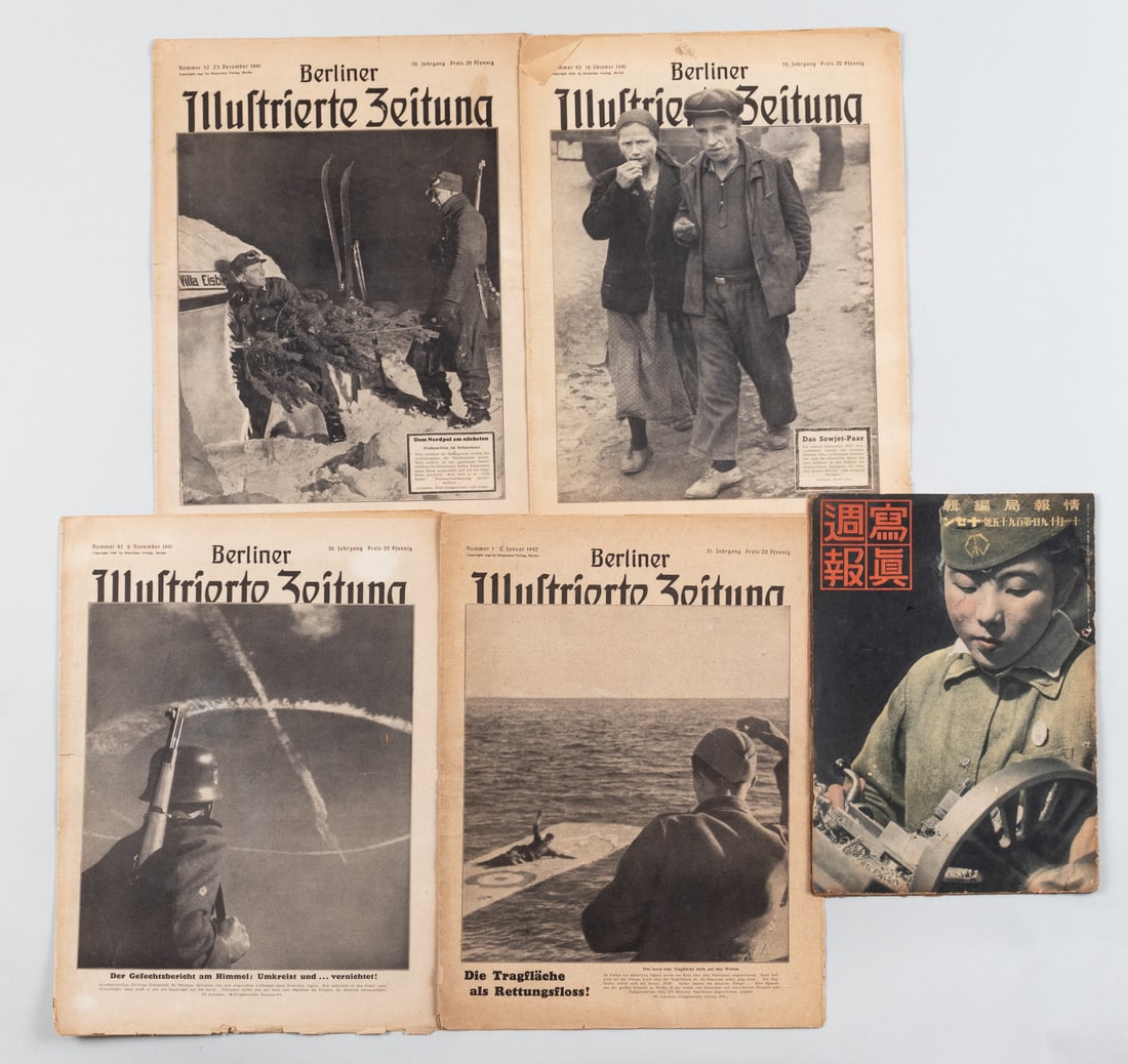 4 WWII BERLINER ILLUSTRIERTE MAGAZINES: Lot of four WWII Berliner Illustrietre Zeitung magazines including issues from October 16, 1941, with an article about the Soviet Parade propaganda film; November 6, 1941; December 23, 1941; along wit