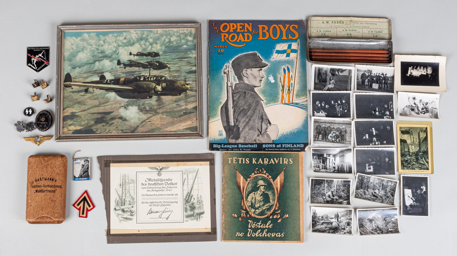 WWII GERMAN MILITARY GROUP LOT: Grouping of WWII German personal items including a Wound badge in bronze, with a hollow reverse; Hartmann's small hiking kit, with some sugar packets; four German pencils from A. W. Faber in metal cas