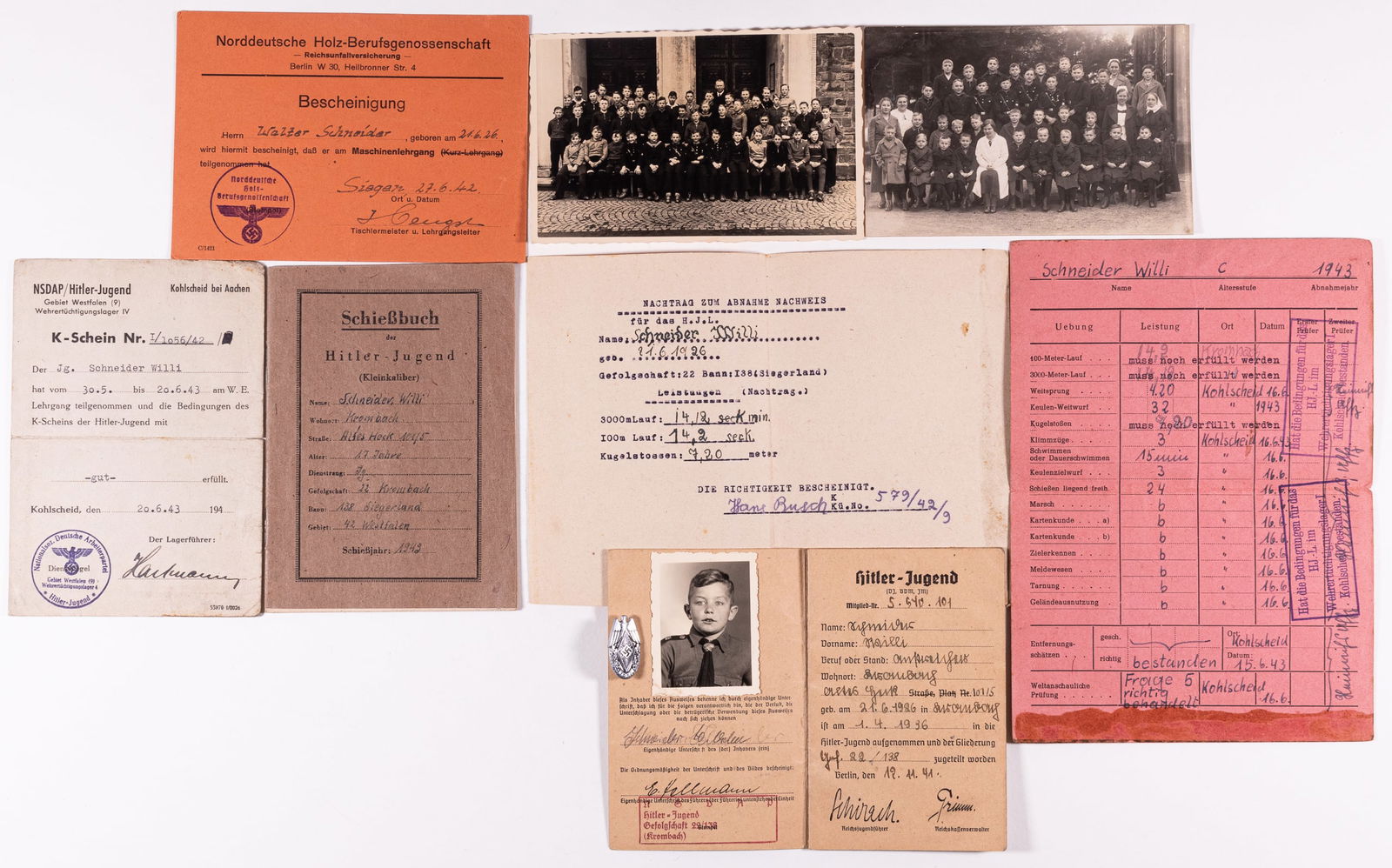 HITLER YOUTH NAMED DOCUMENTS: Lot of six named Hitler Youth documents for Walter 'Willi' Schneider from Krombach including a Membership card of the Hitler Youth, a shooting book, proof of acceptance to military training camp, an a