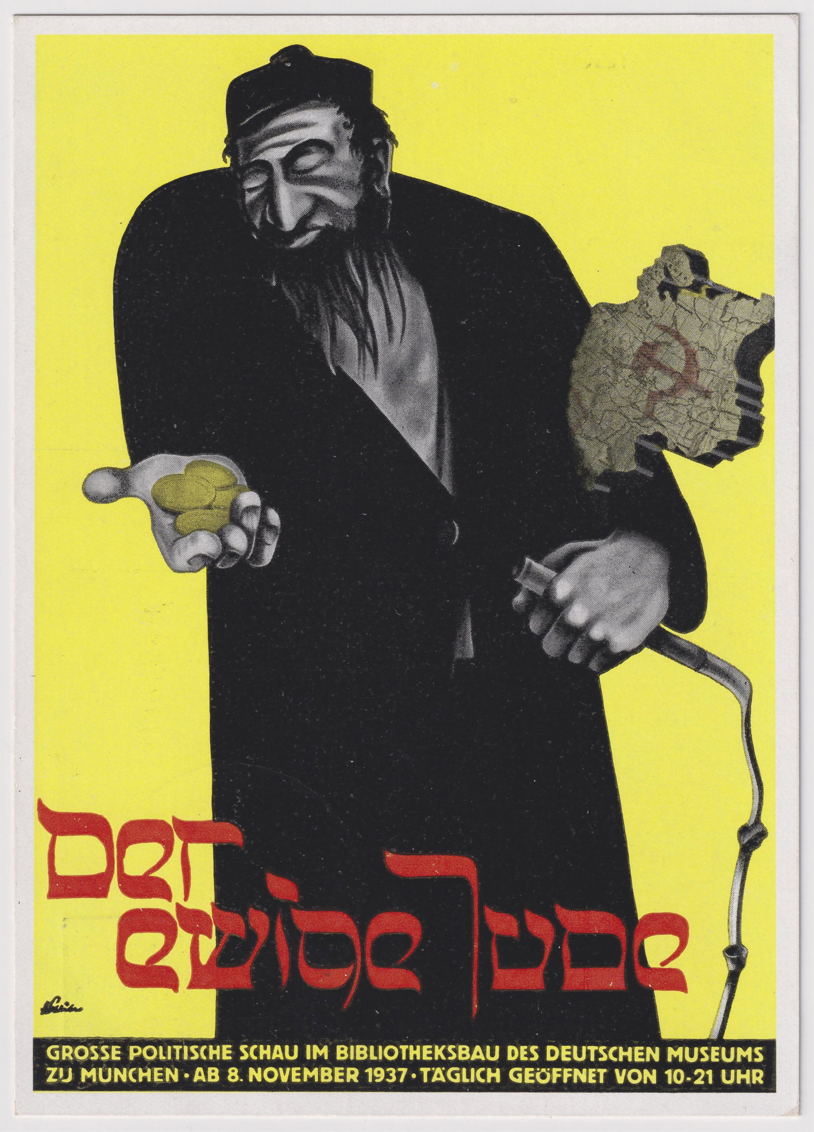 JUDAICA POSTCARD: Judaica postcard advertising the political show in the German Museum in Munich, November 1937. Cancellation stamp on verso 'Munich Capital of the Movement 18.11.37 - Great Political Show.' One of the 