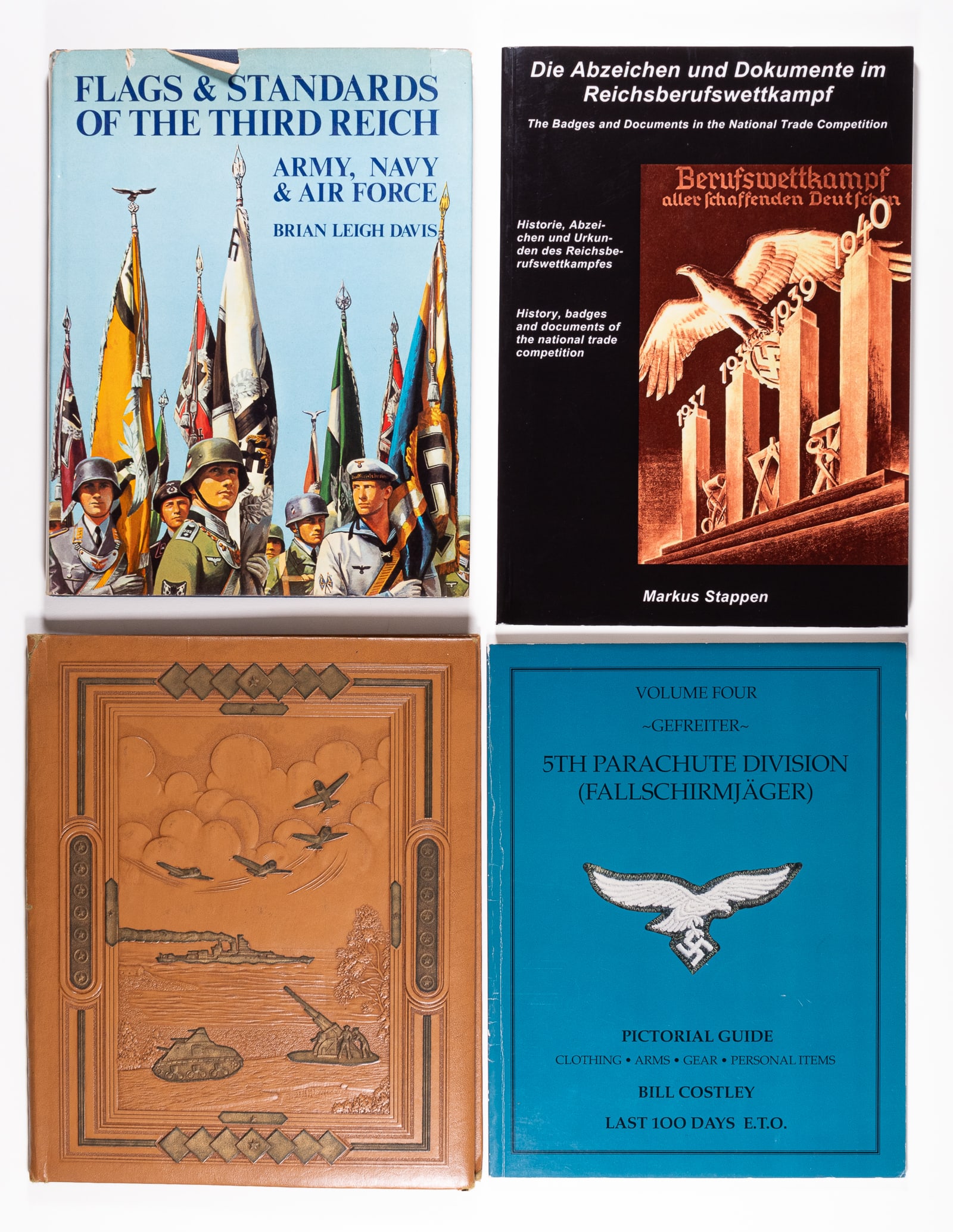 3 WWII GERMAN HISTORY REFERENCE BOOKS: Lot of three WWII German history reference books including 'The Badges and Documents in the National Trade Competition' by Markus Stappen, 11.75 x 8.25 inches, 192 pages; 'Gefreiter 5th Parachute Divi