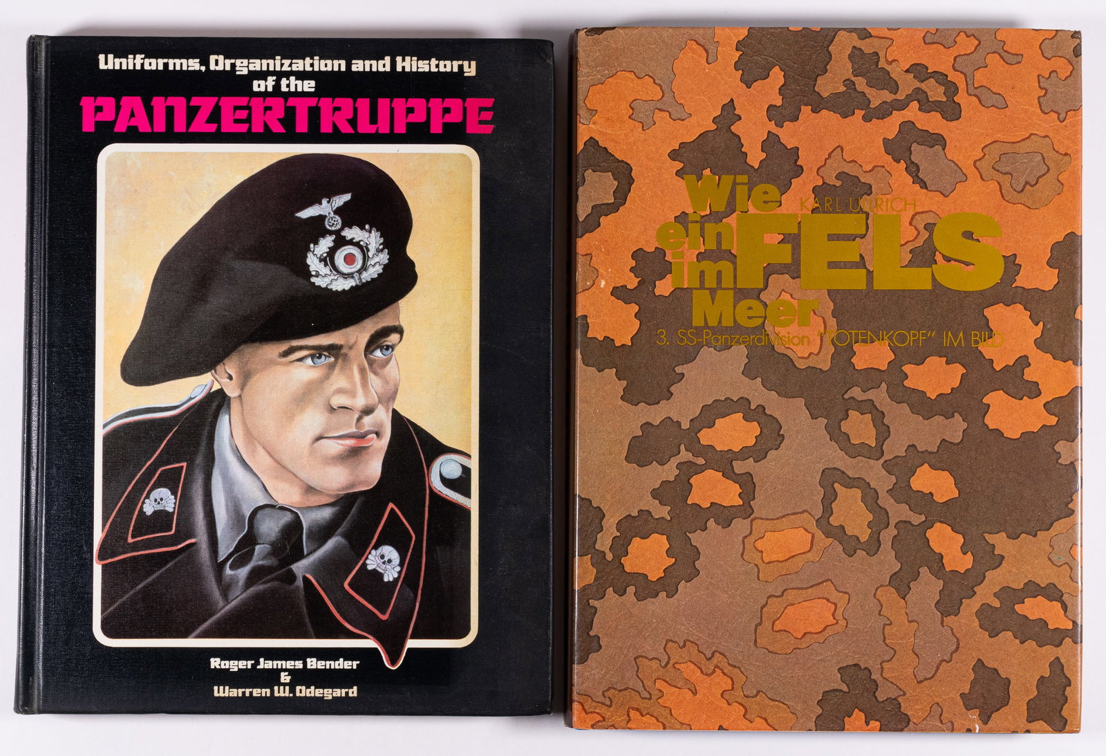 THIRD REICH PANZER & SS REFERENCE BOOKS: Lot of two WWII Third Reich tank reference books including 'Uniforms, Organization and History of the Panzertruppe,' by Roger James Bender and Warren W. Odegard, 1980, first edition signed by the auth