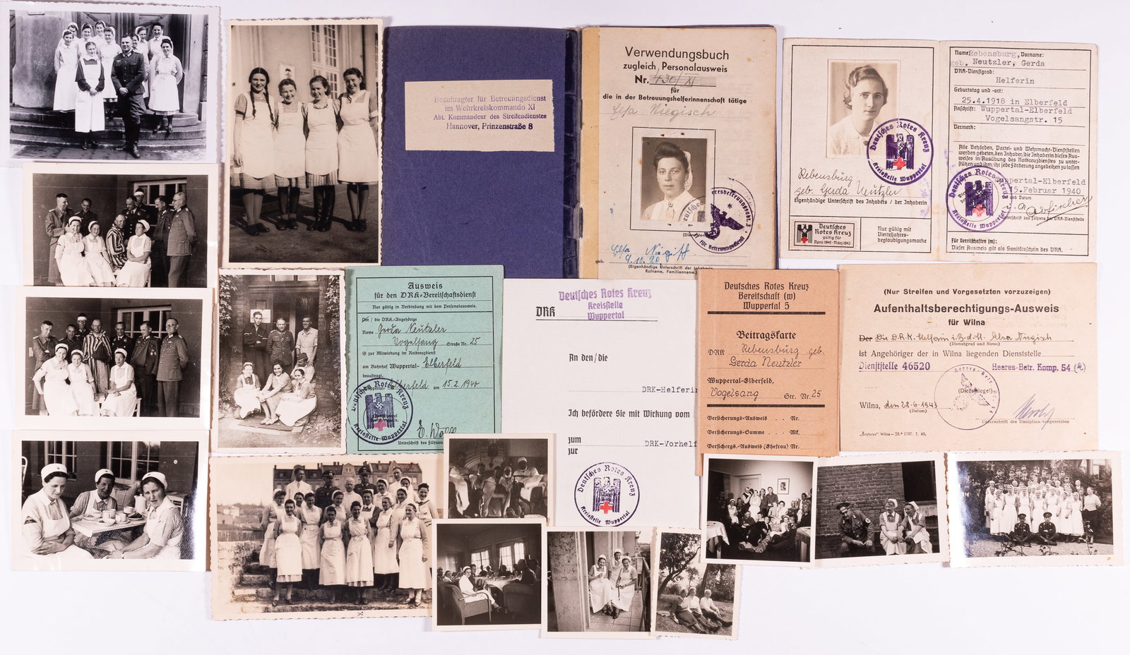 GERMAN RED CROSS SISTERS EPHEMERA: German Red Cross sisters ephemera including two IDs, a membership card, and certificate, four pieces for Gerda Neutzler of Rebensburg, and two pieces for Lela Niegisch of Vilnius, approx. 3.5 x 4.75 i